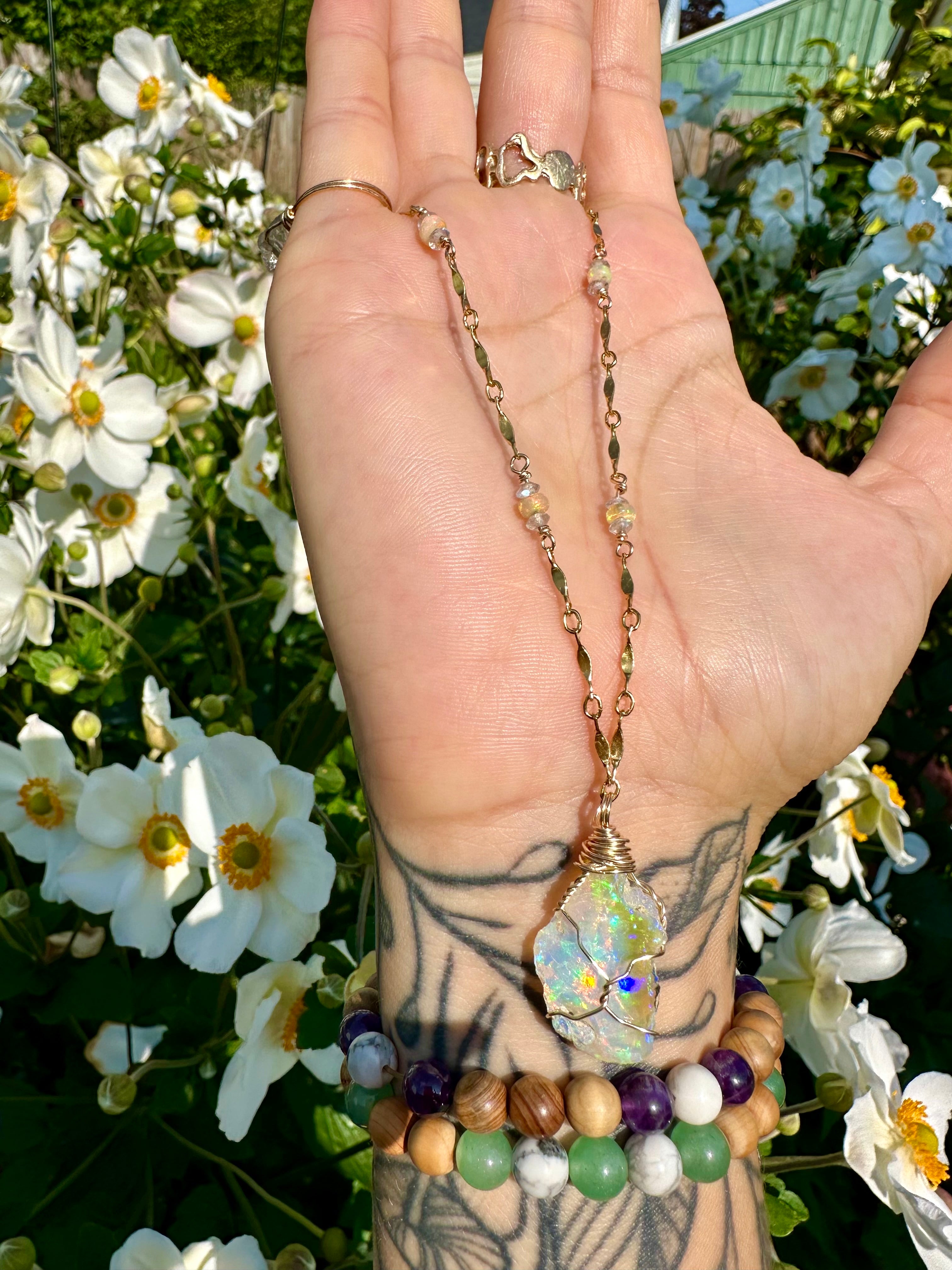 ♡one of one♡ raw opal necklace with detailed gold chain