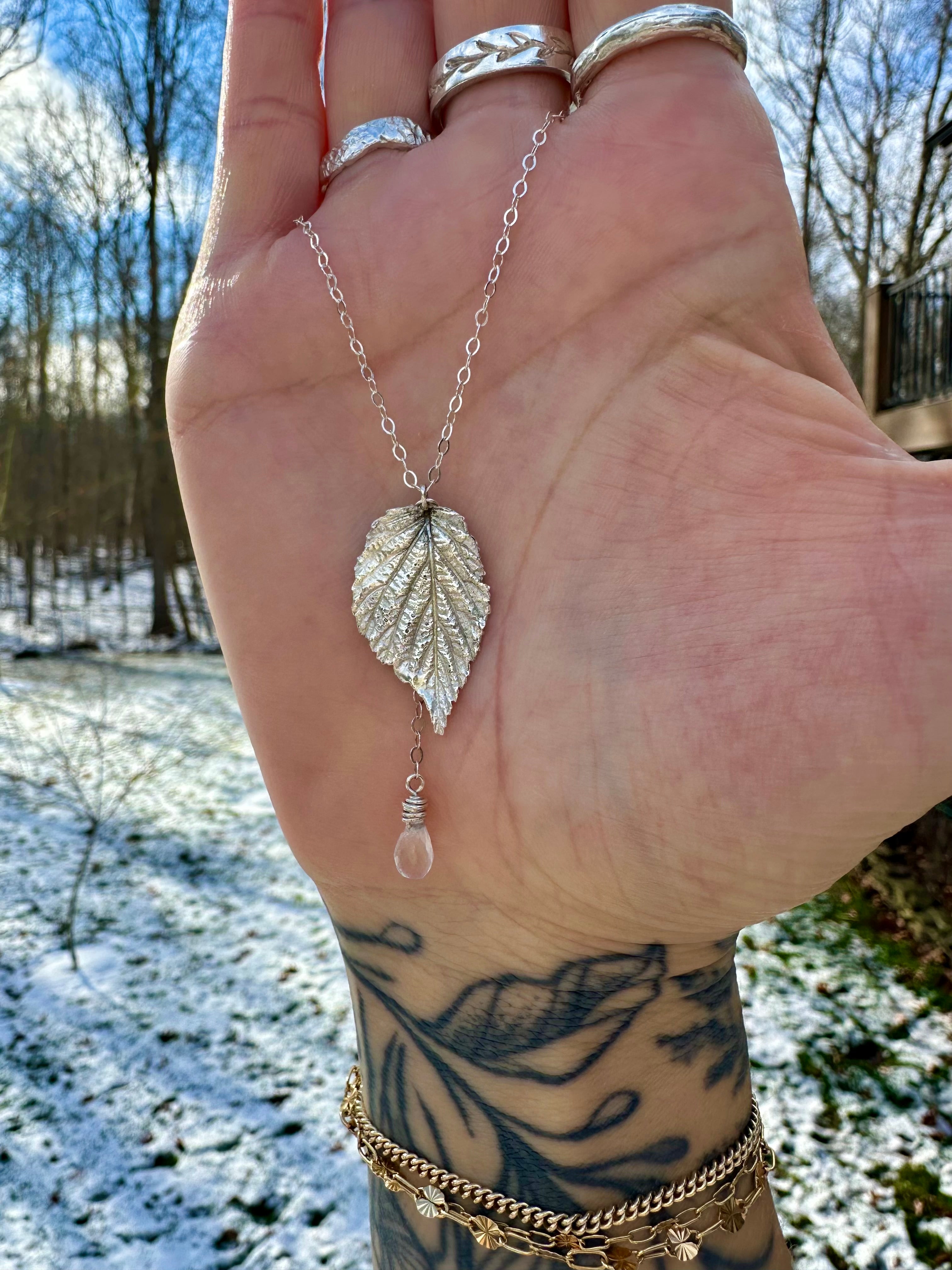 elm leaf quartz drip sterling silver necklace