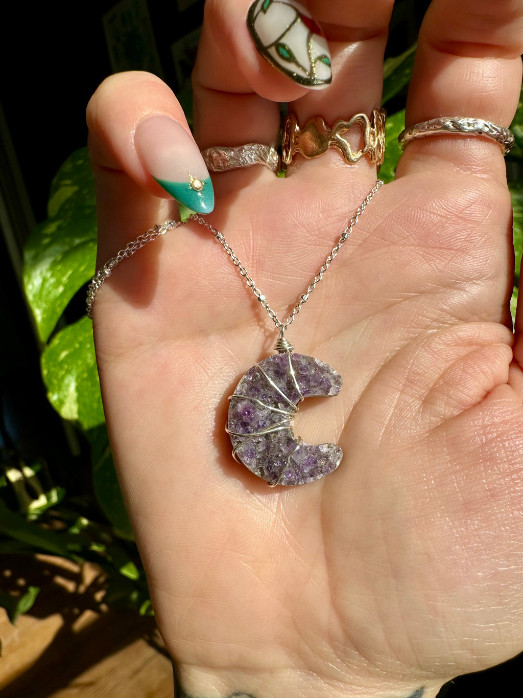amethyst druzy moon sterling silver necklace