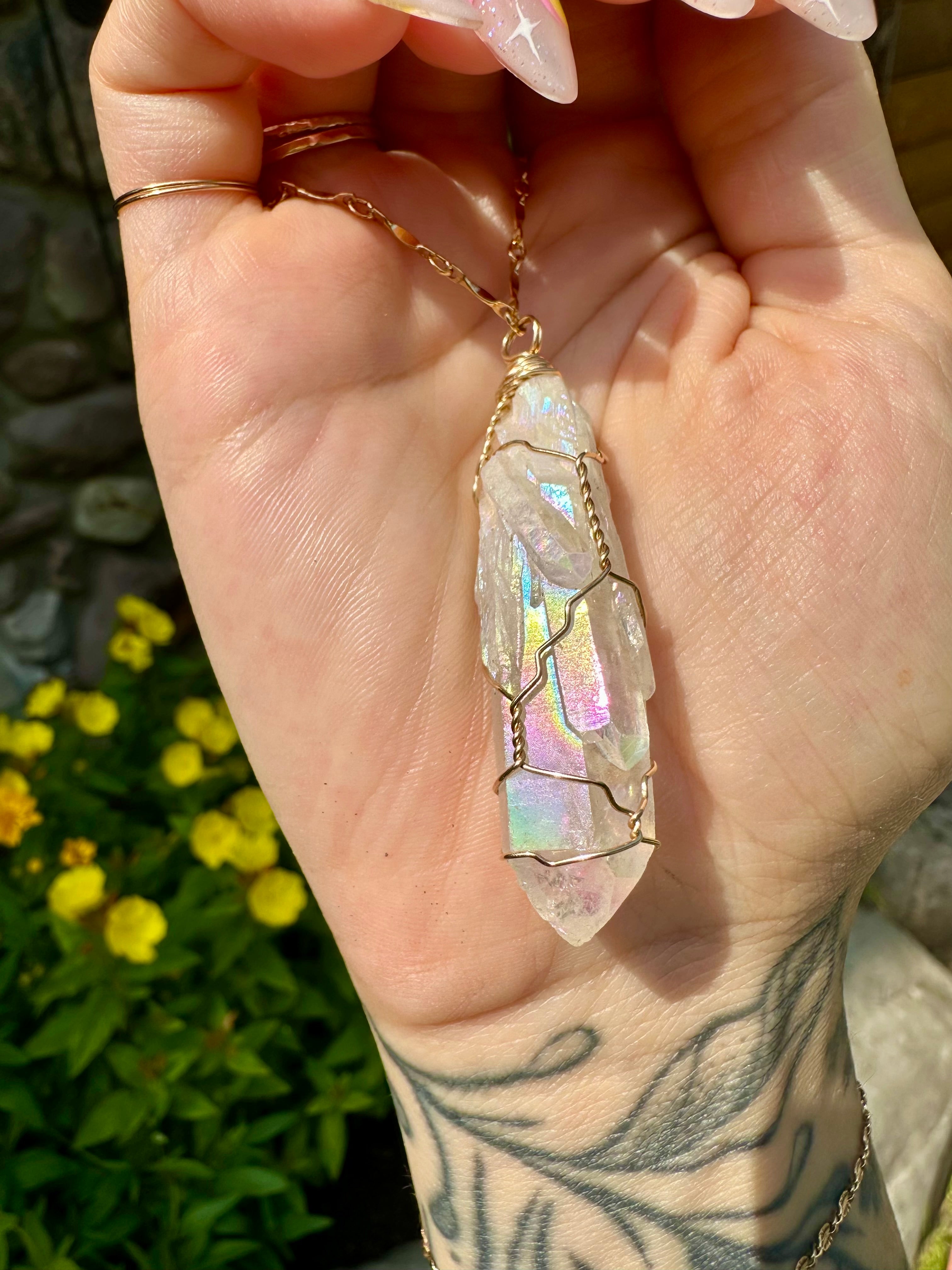 *one of one* angel aura quartz necklace in 14k gold 🌈