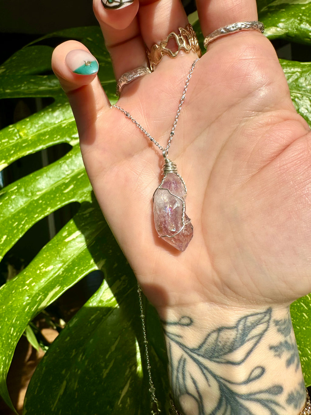 rainbow raw amethyst sterling silver necklace