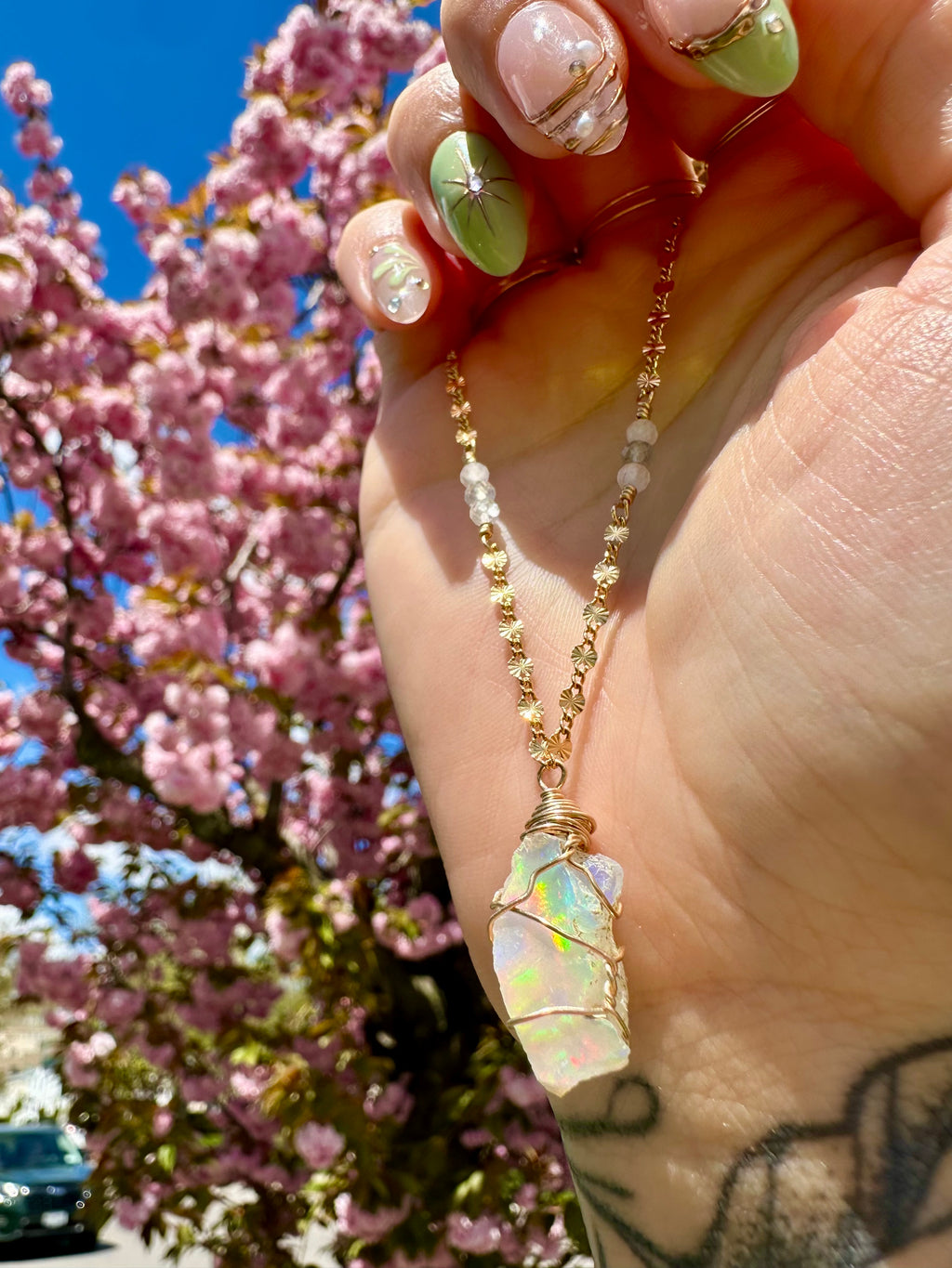 *one of one* ♡ iridescent raw opal necklace in 14k gold *