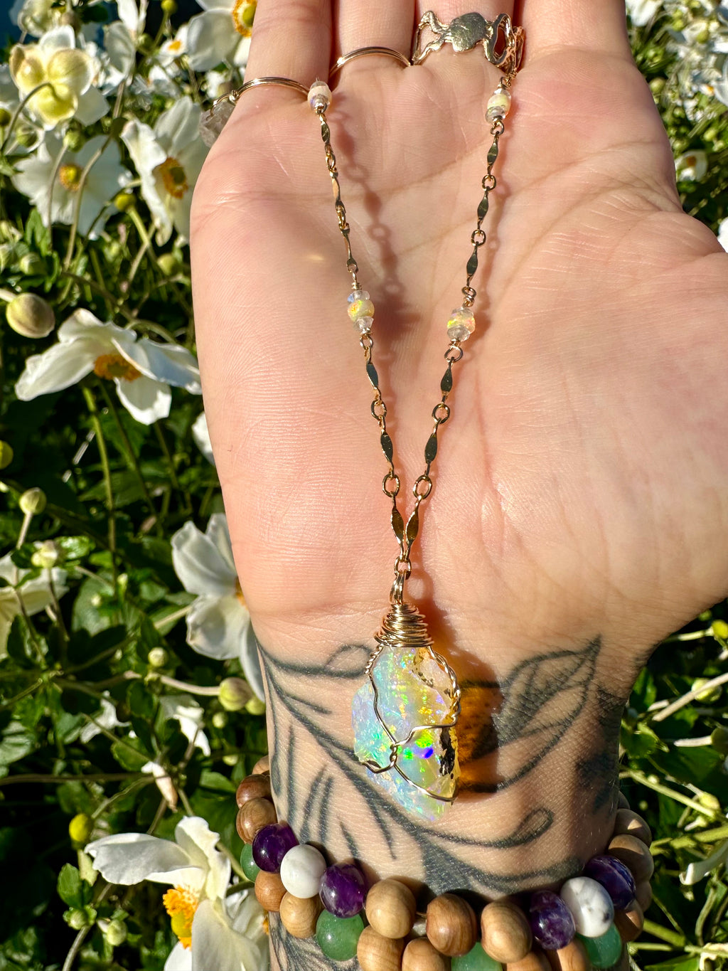 ♡one of one♡ raw opal necklace with detailed gold chain