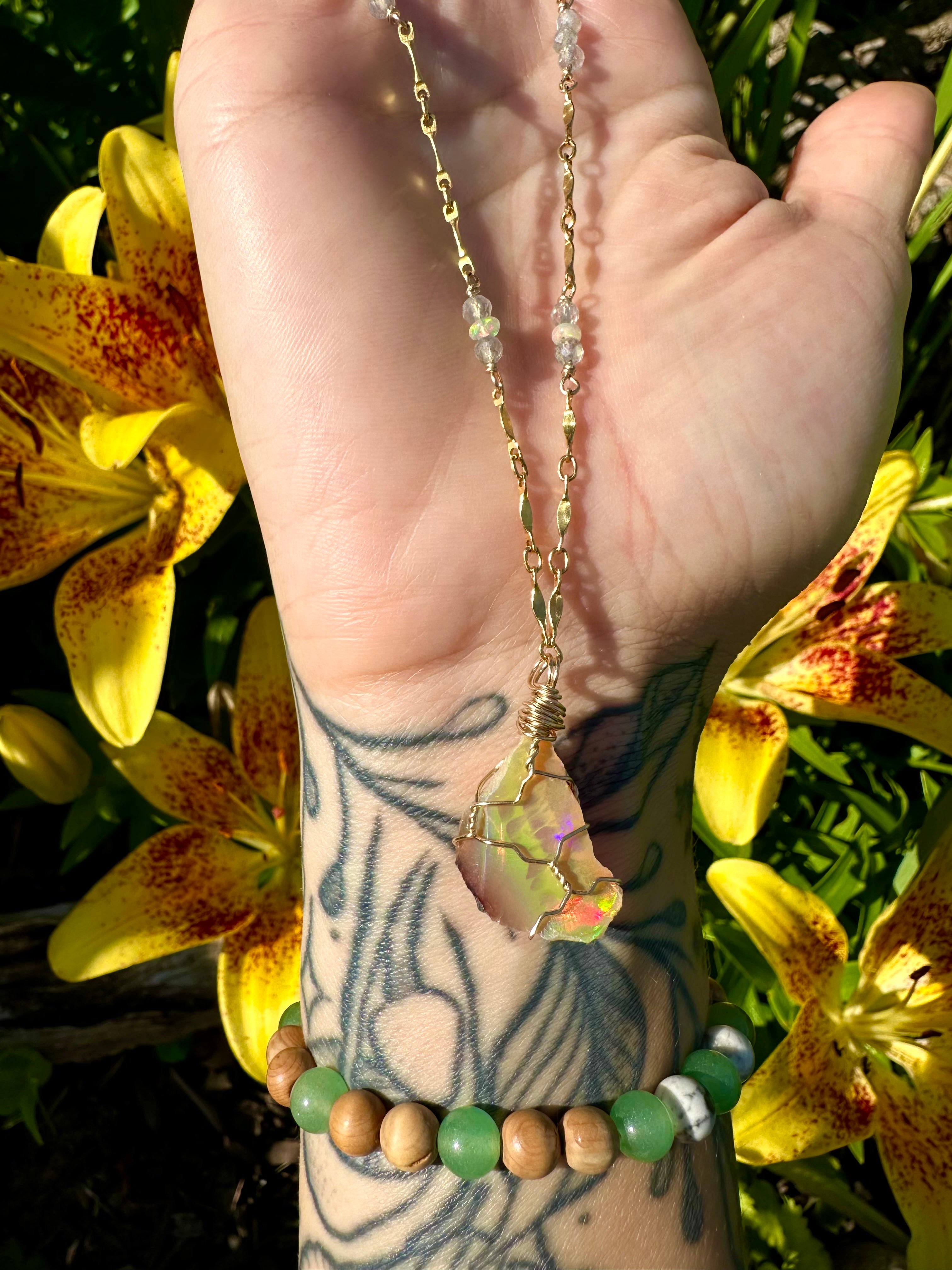 🌈♡one of one♡ iridescent raw opal necklace 14k gold