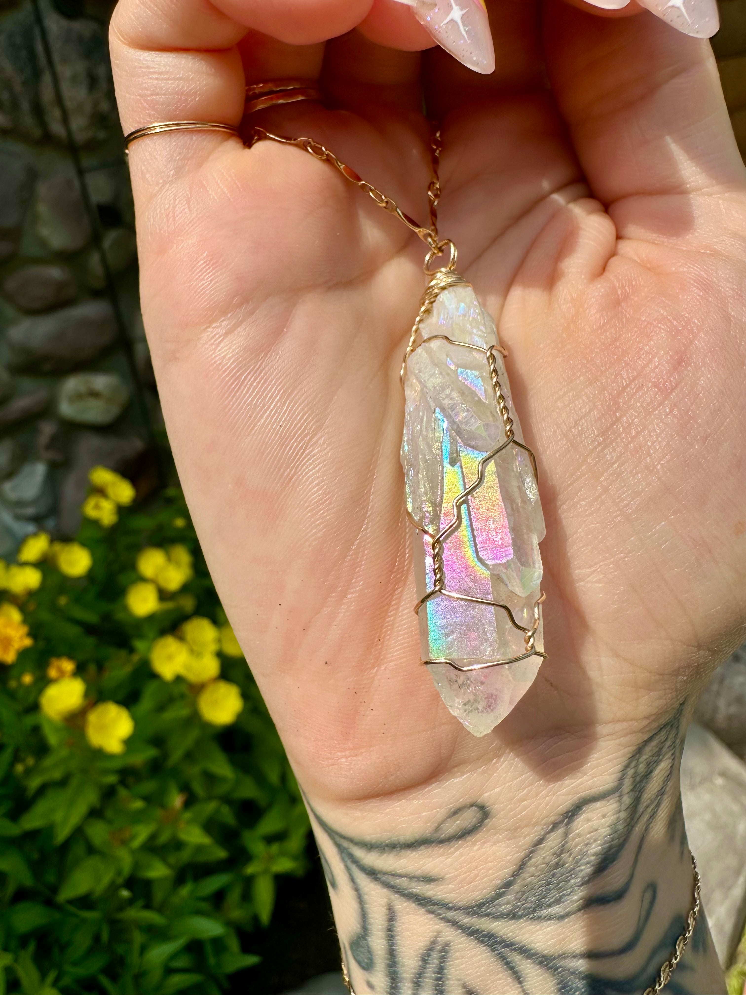 *one of one* angel aura quartz necklace in 14k gold 🌈