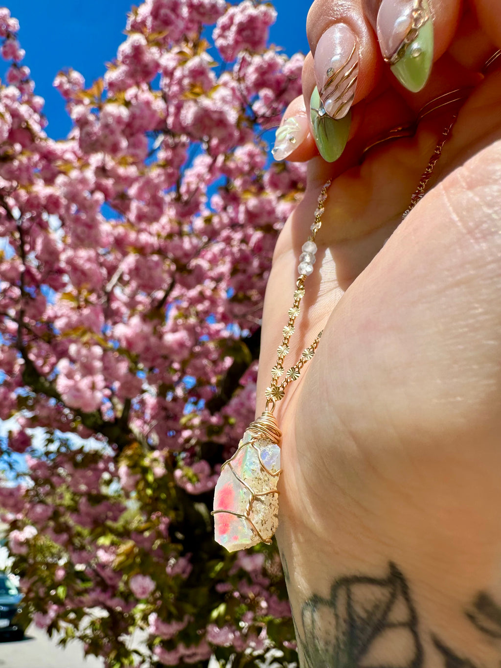 *one of one* ♡ iridescent raw opal necklace in 14k gold *