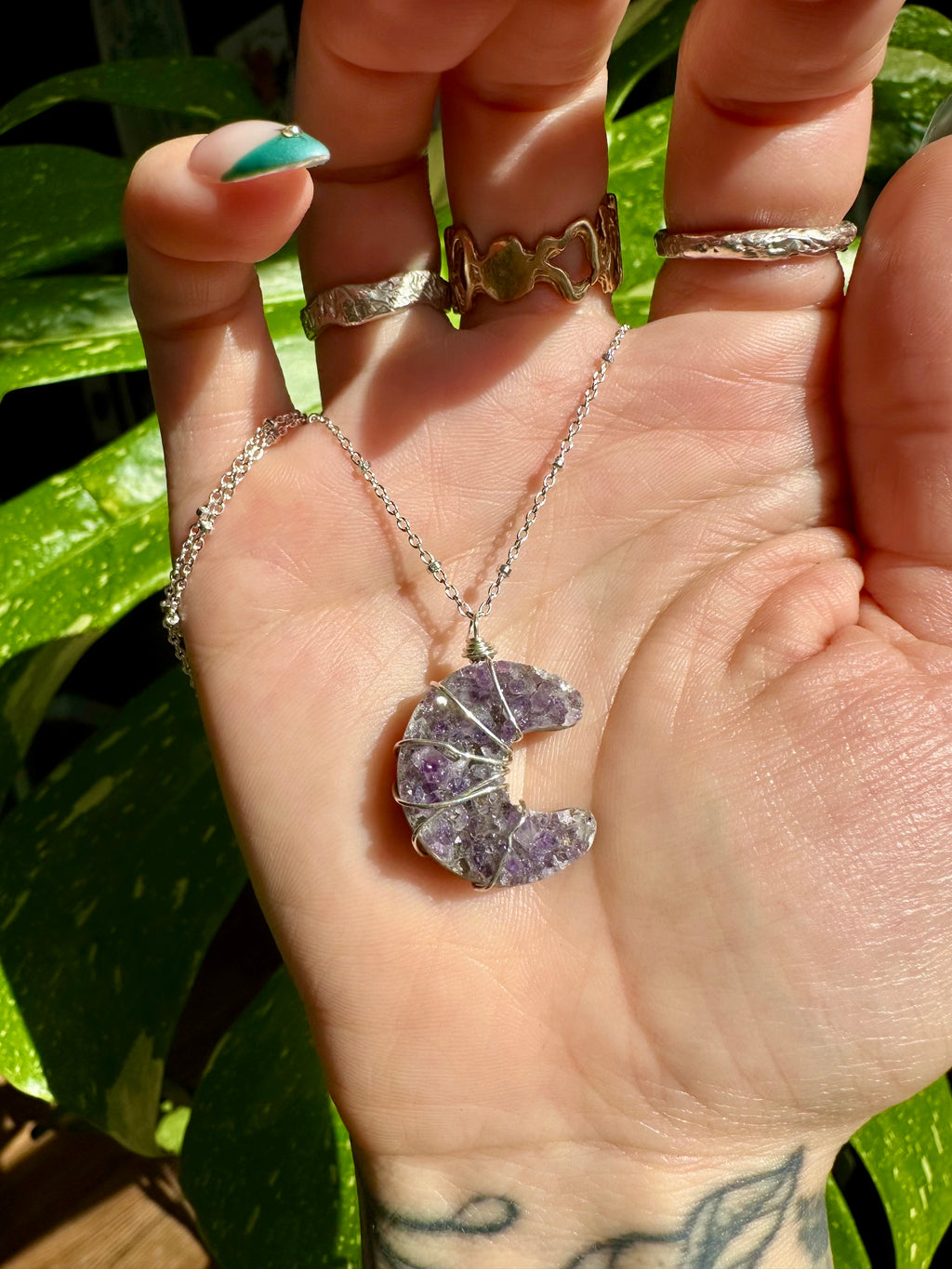 amethyst druzy moon sterling silver necklace