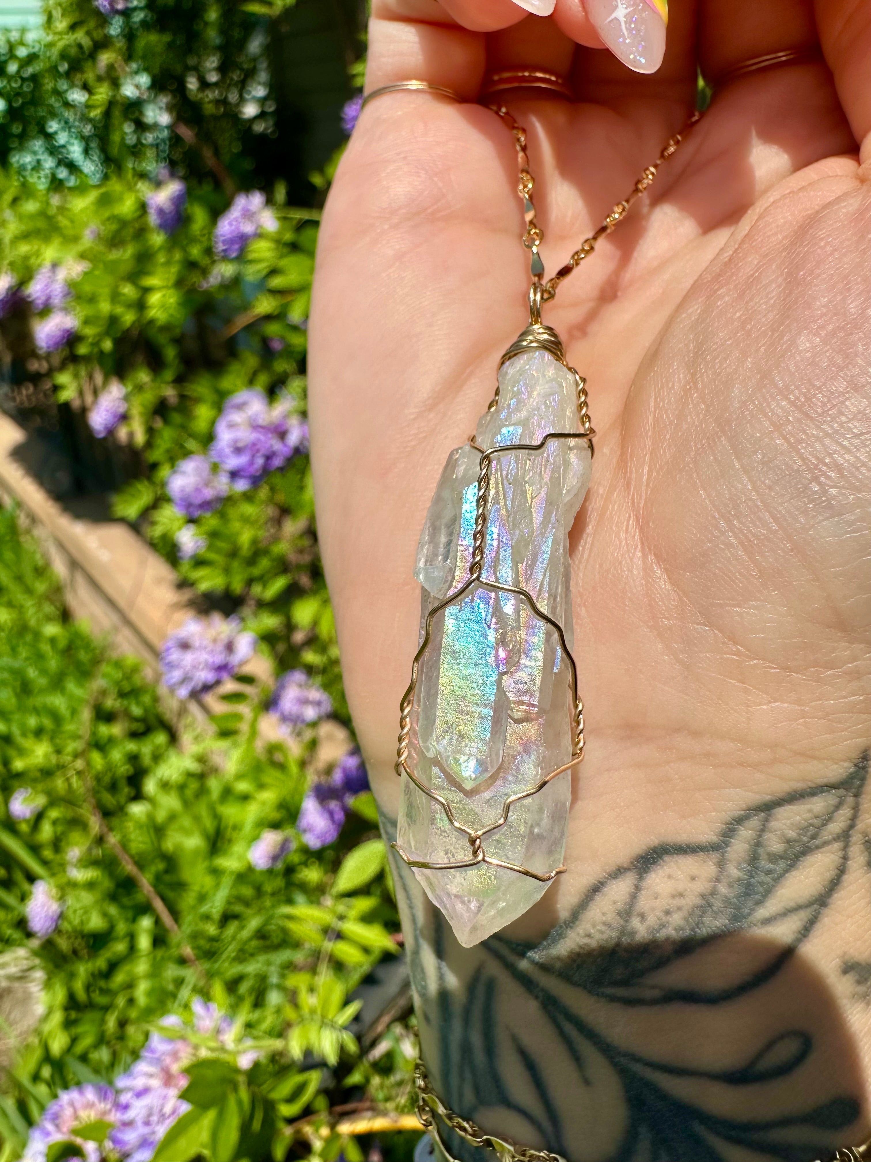 *one of one* angel aura quartz necklace in 14k gold 🌈
