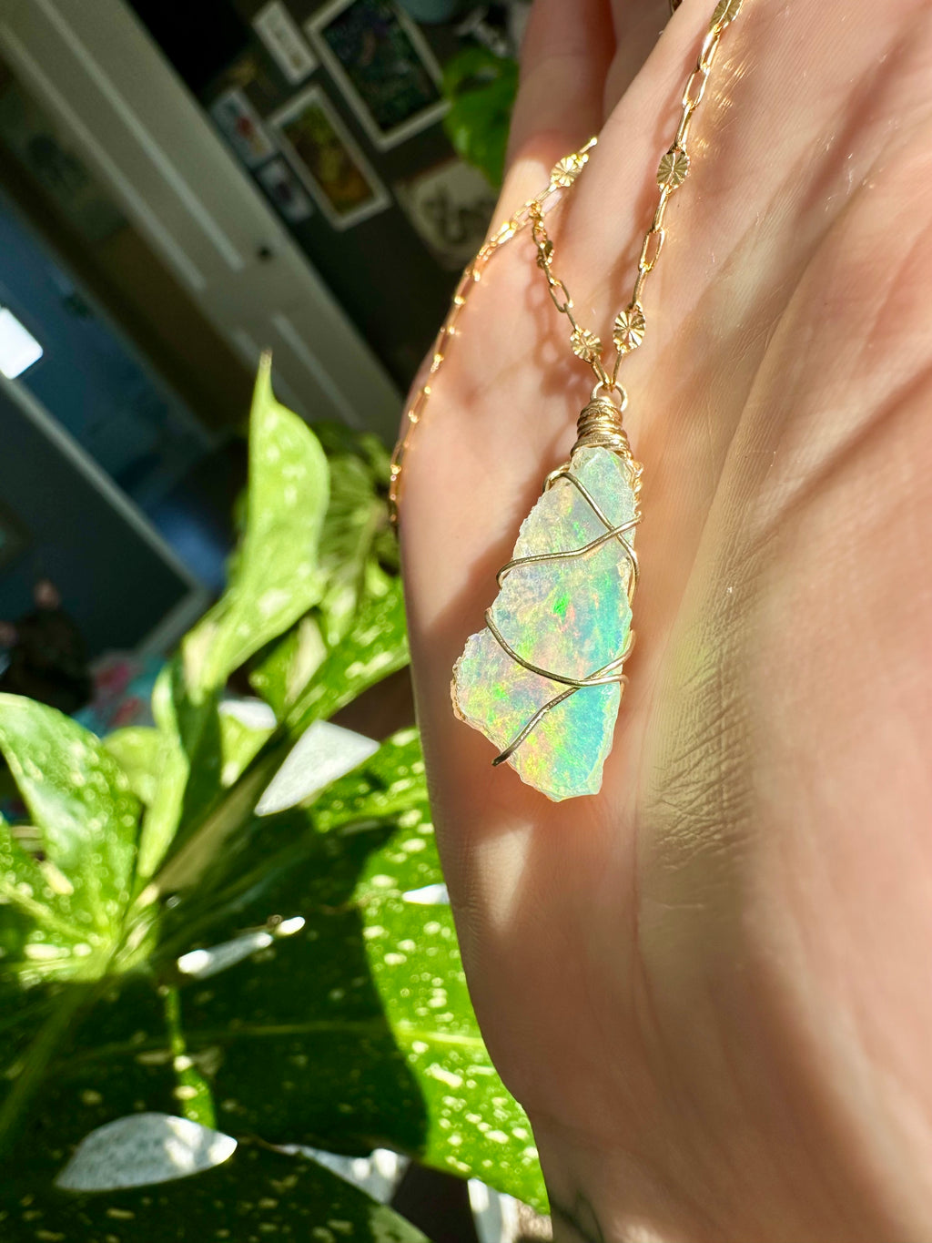 sunburst iridescent raw opal 14k gold fill necklace