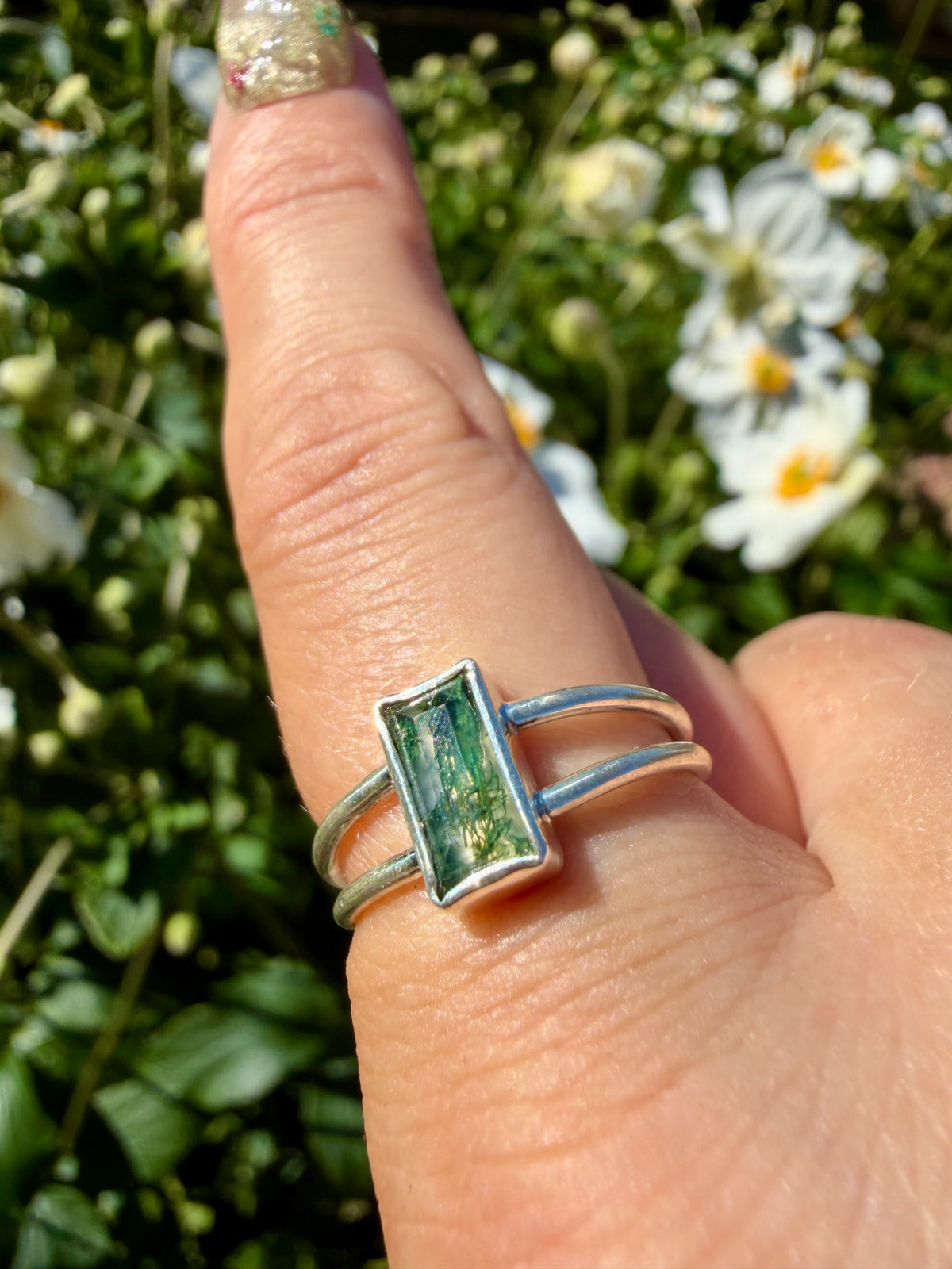 moss agate double band ring in sterling silver size 6.75