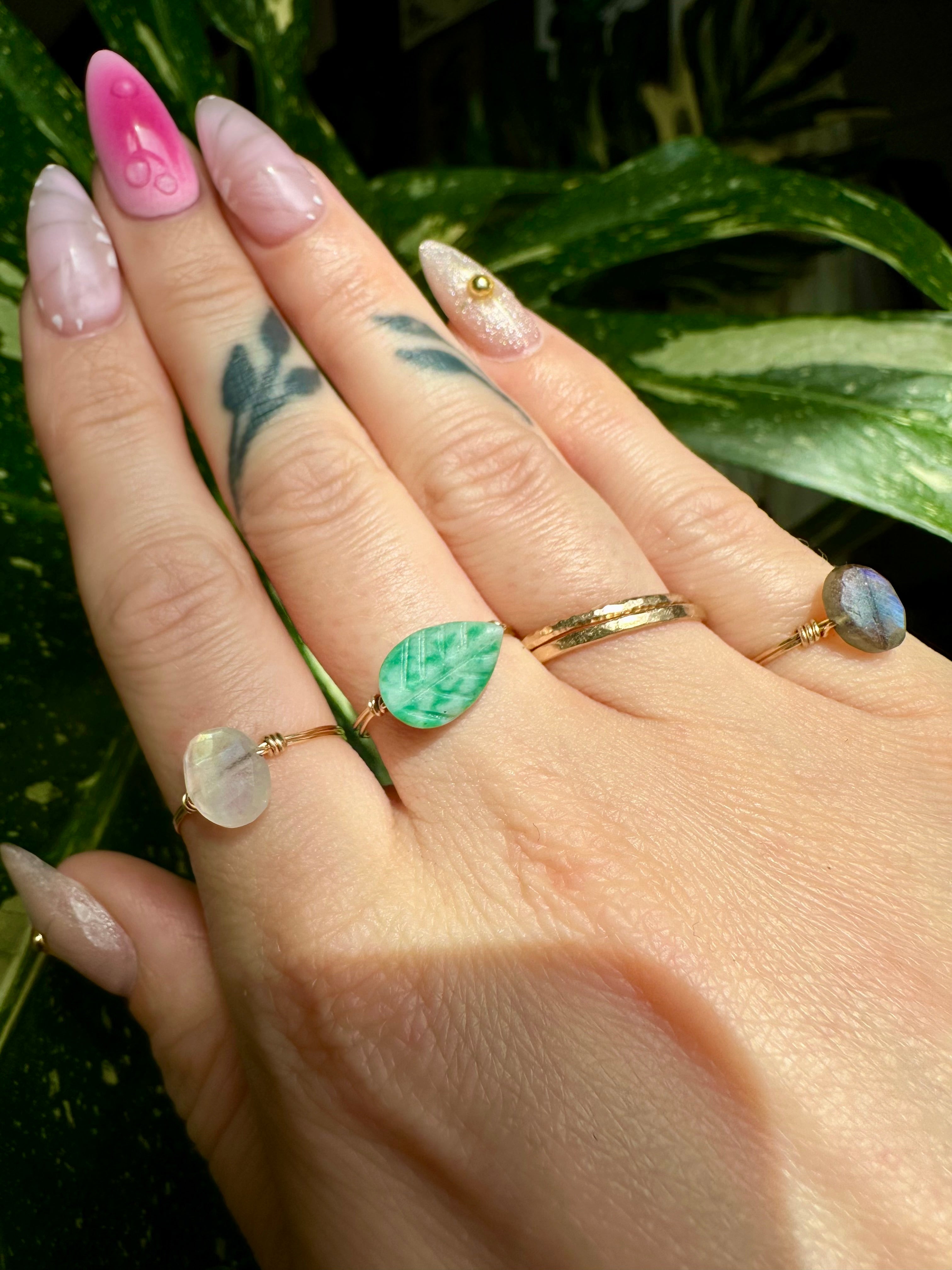 jade leaf crystal ring ♡ handmade for you ♡