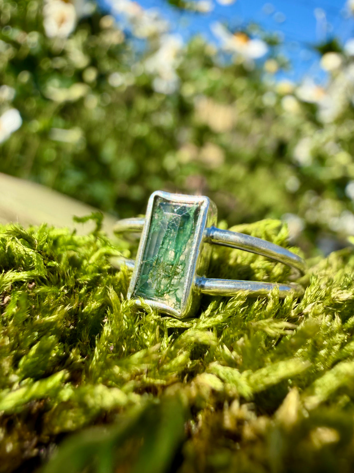moss agate double band ring in sterling silver size 6.75