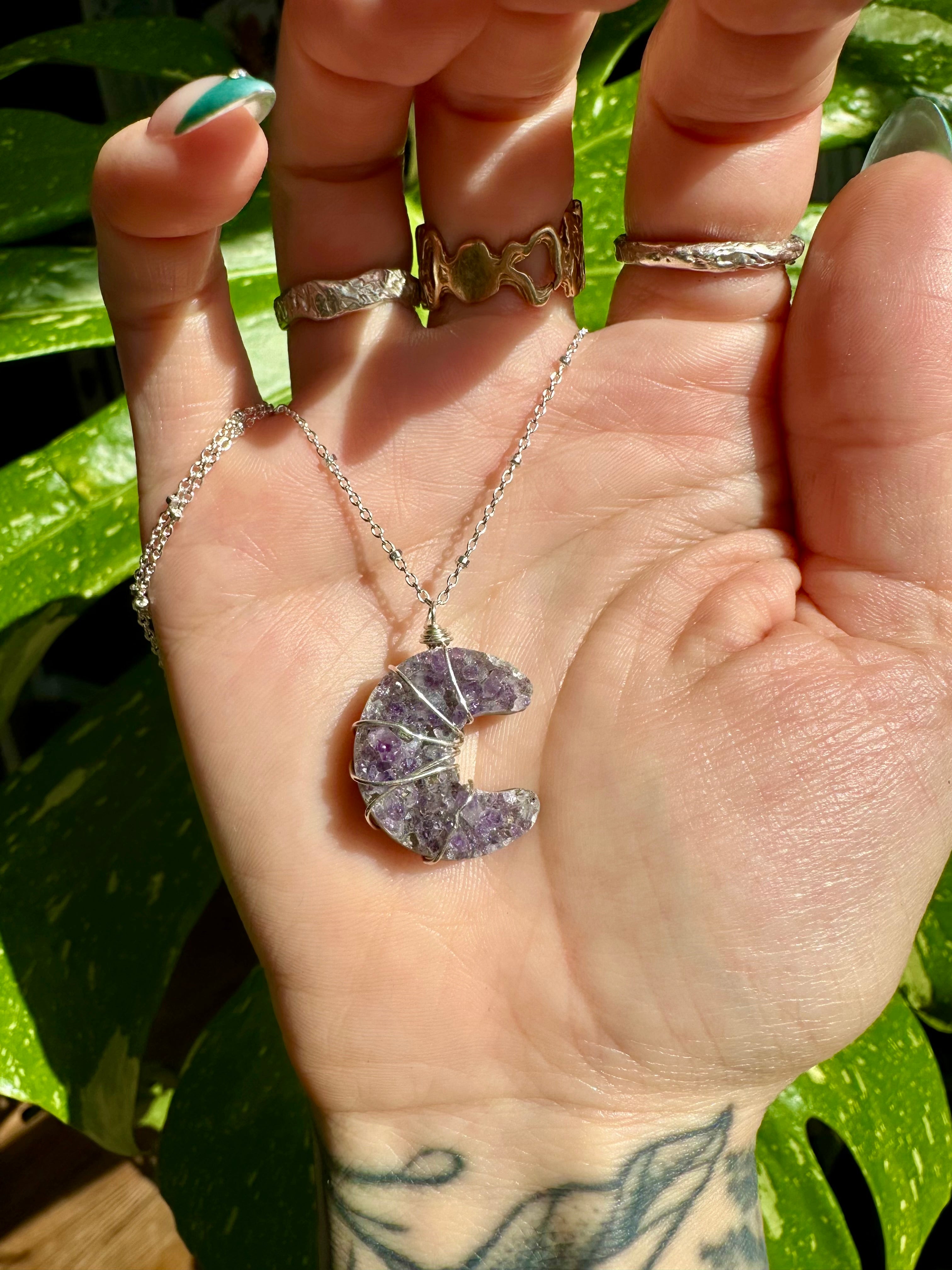 amethyst druzy moon sterling silver necklace