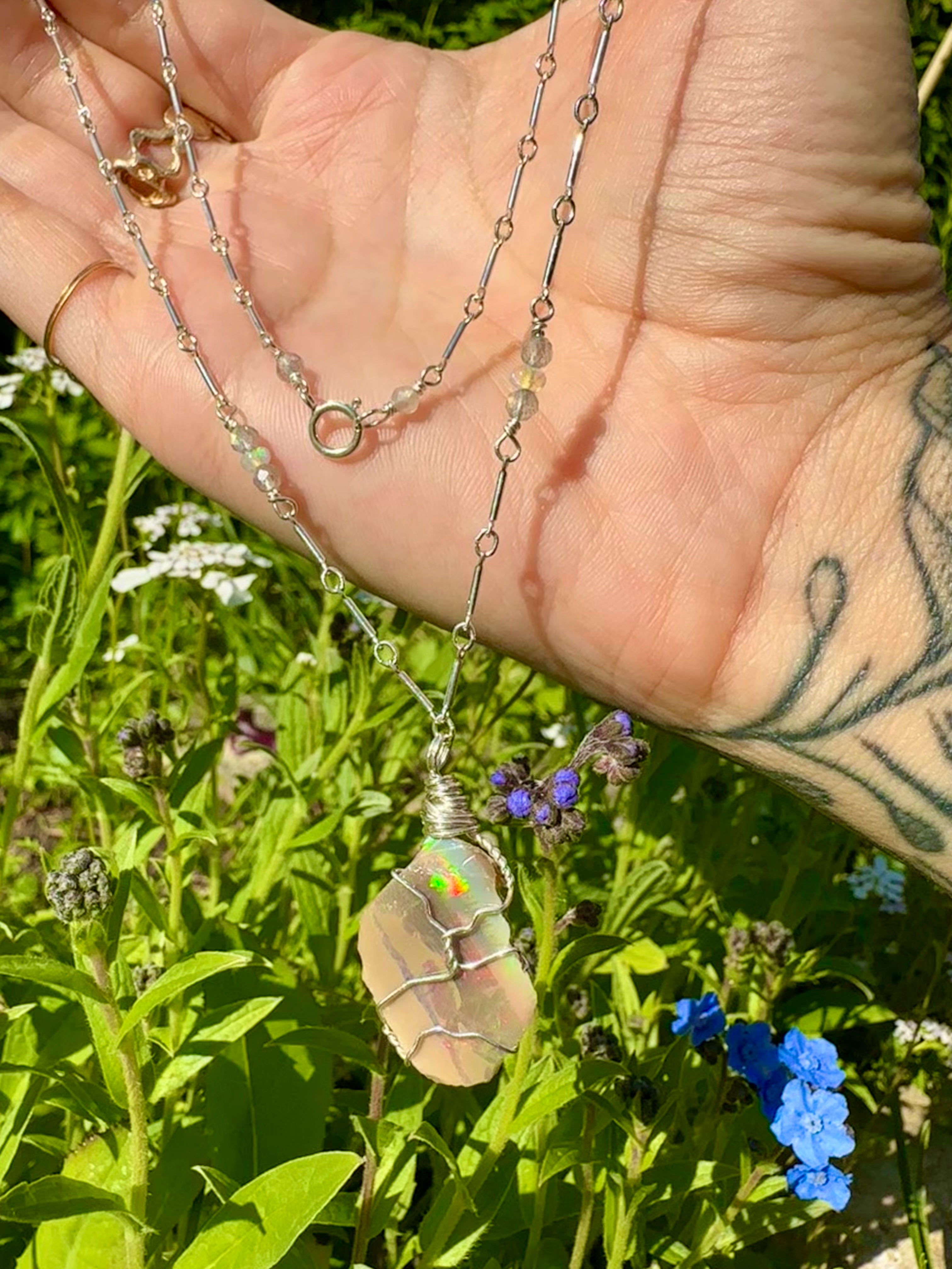 🌈♡one of one♡ iridescent raw opal necklace sterling silver