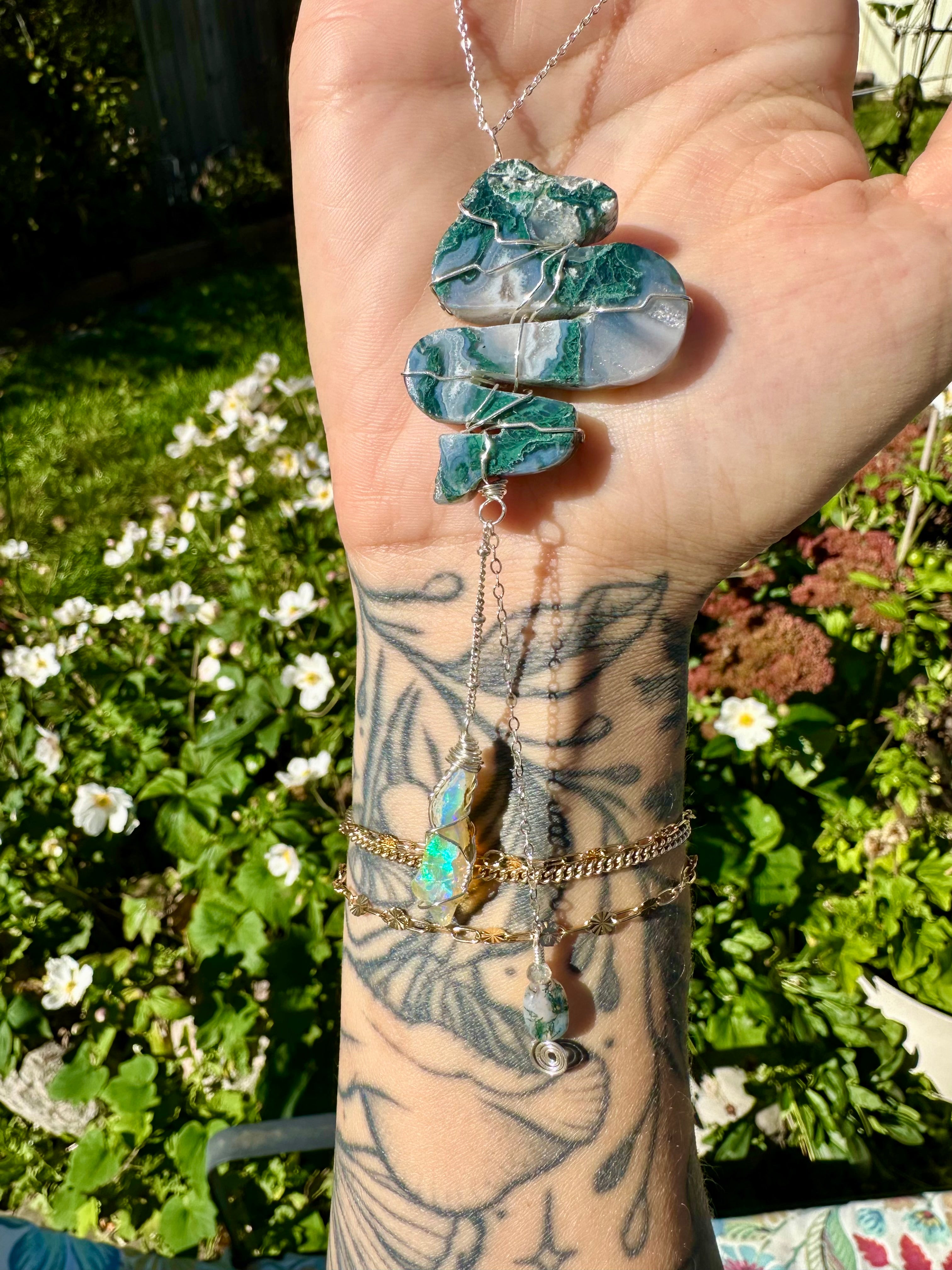 *one of one* moss agate snake with raw opal cascading below • sterling silver mirror / window accessory