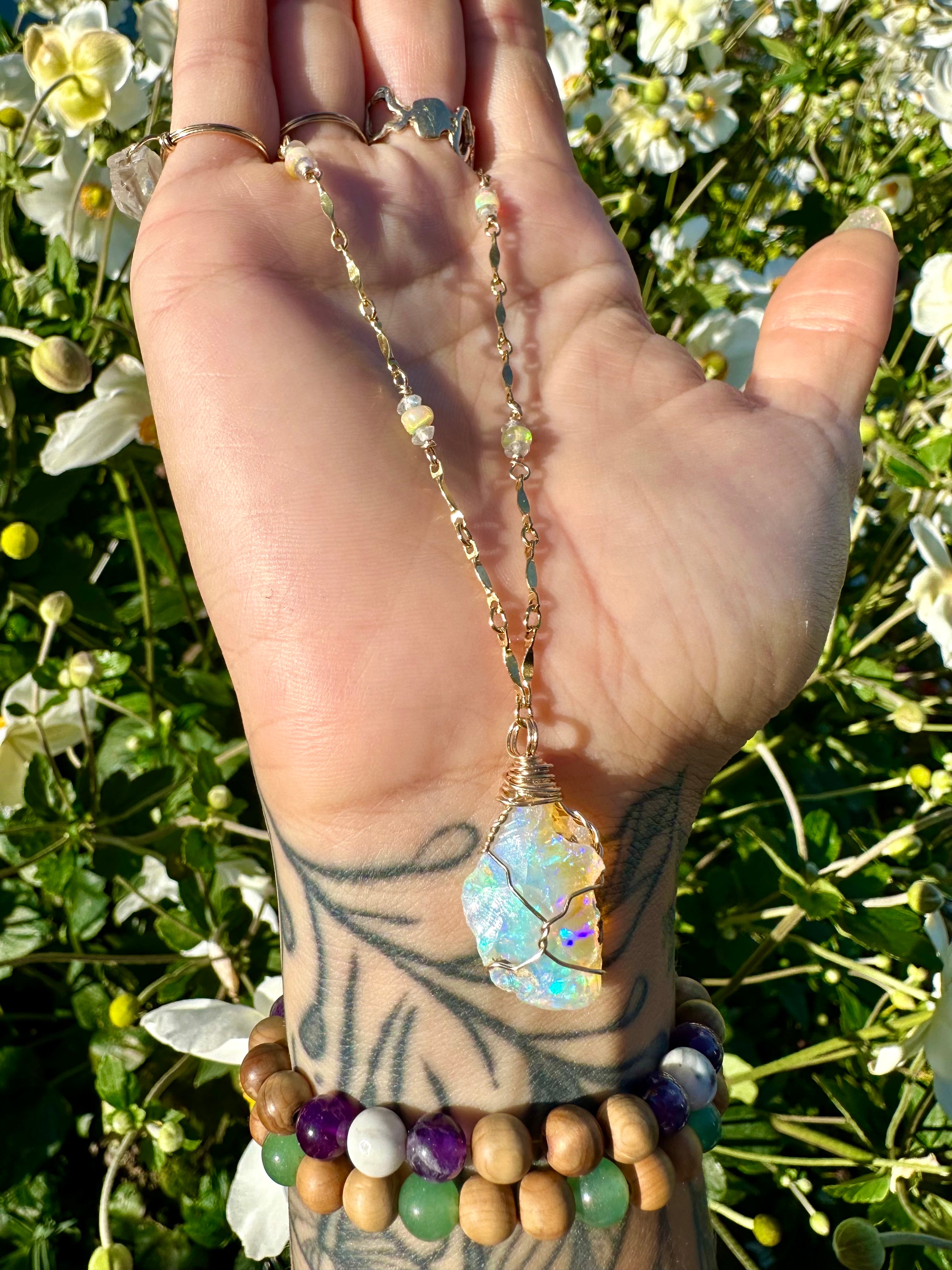 ♡one of one♡ raw opal necklace with detailed gold chain