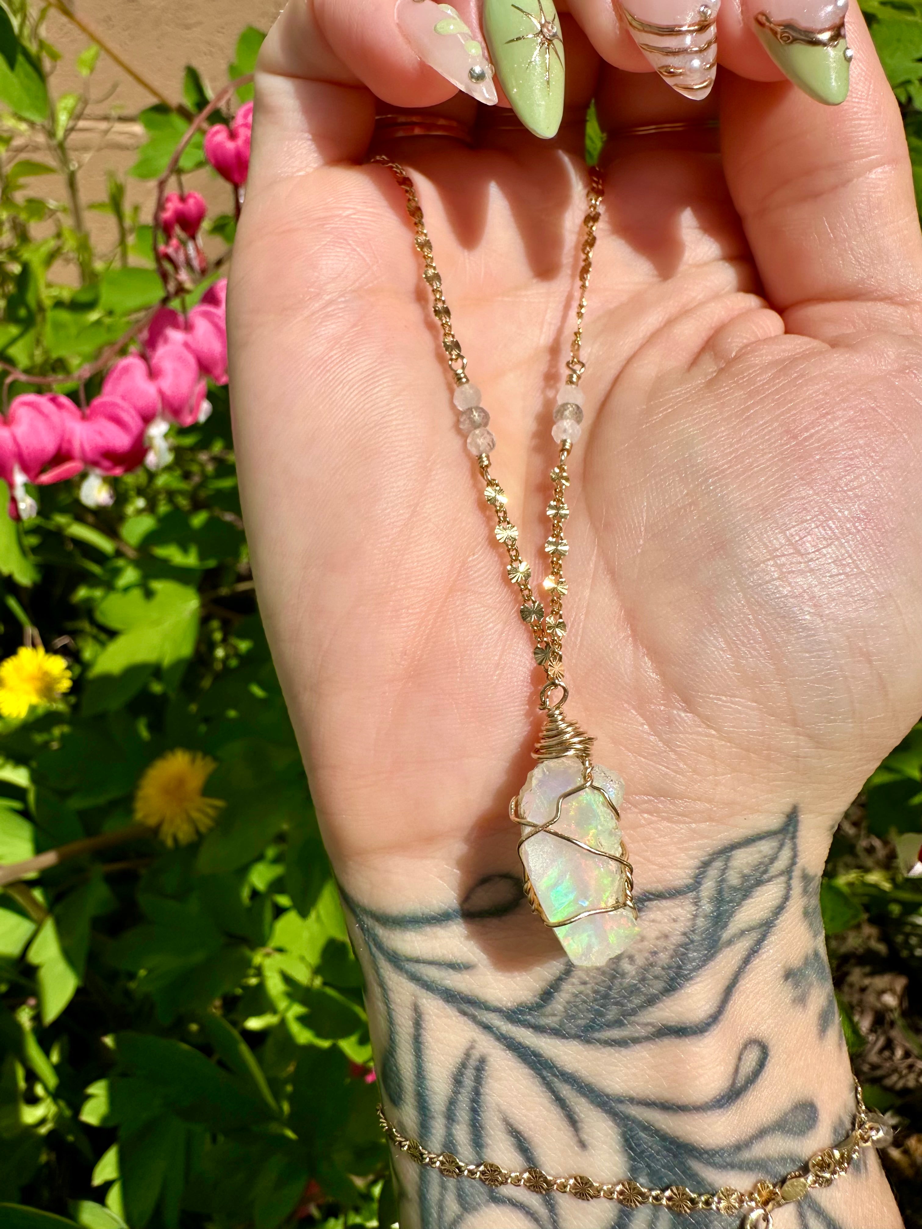 *one of one* ♡ iridescent raw opal necklace in 14k gold *