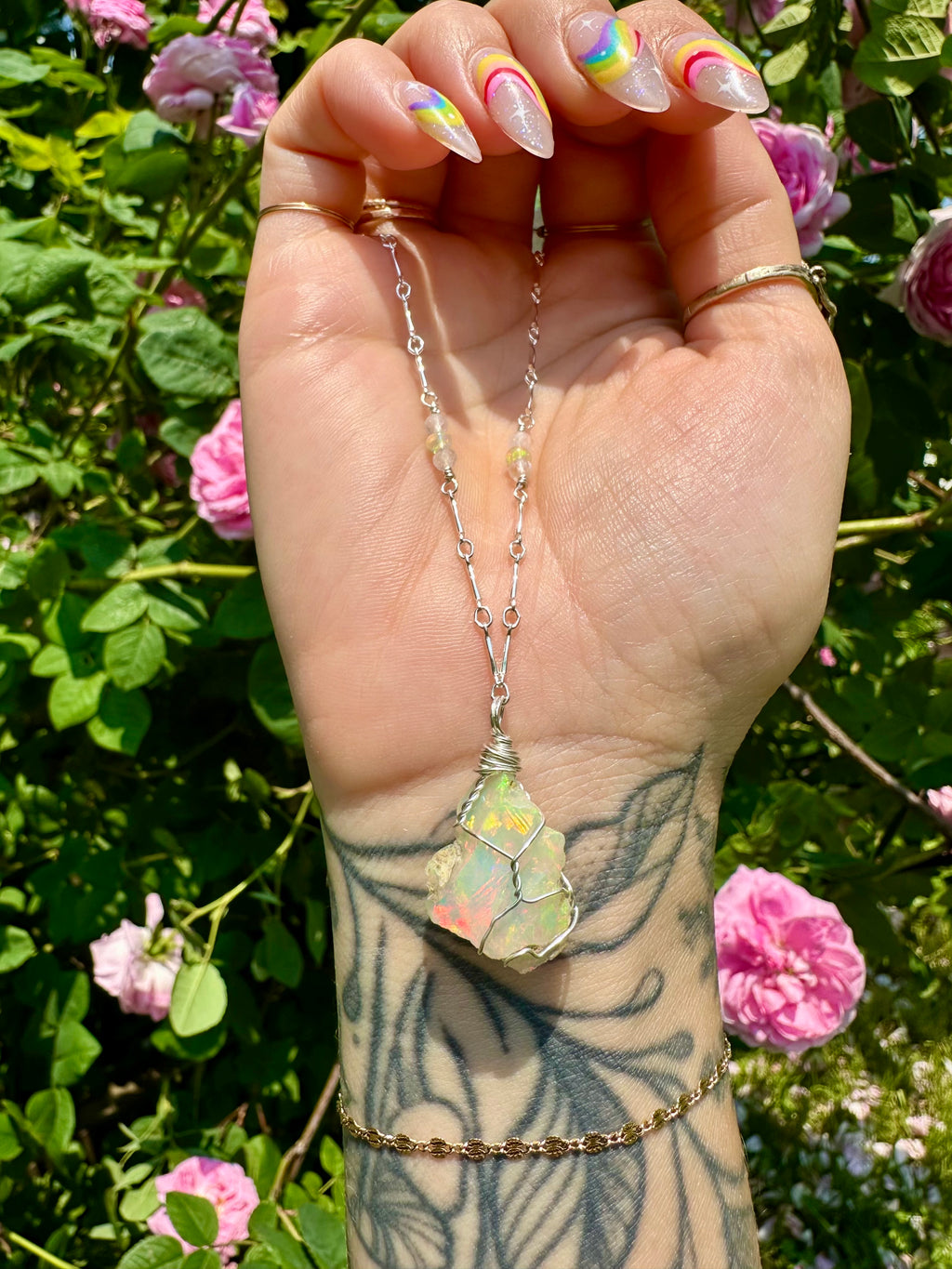 *one of one* raw opal necklace in sterling silver detailed chain 🌈