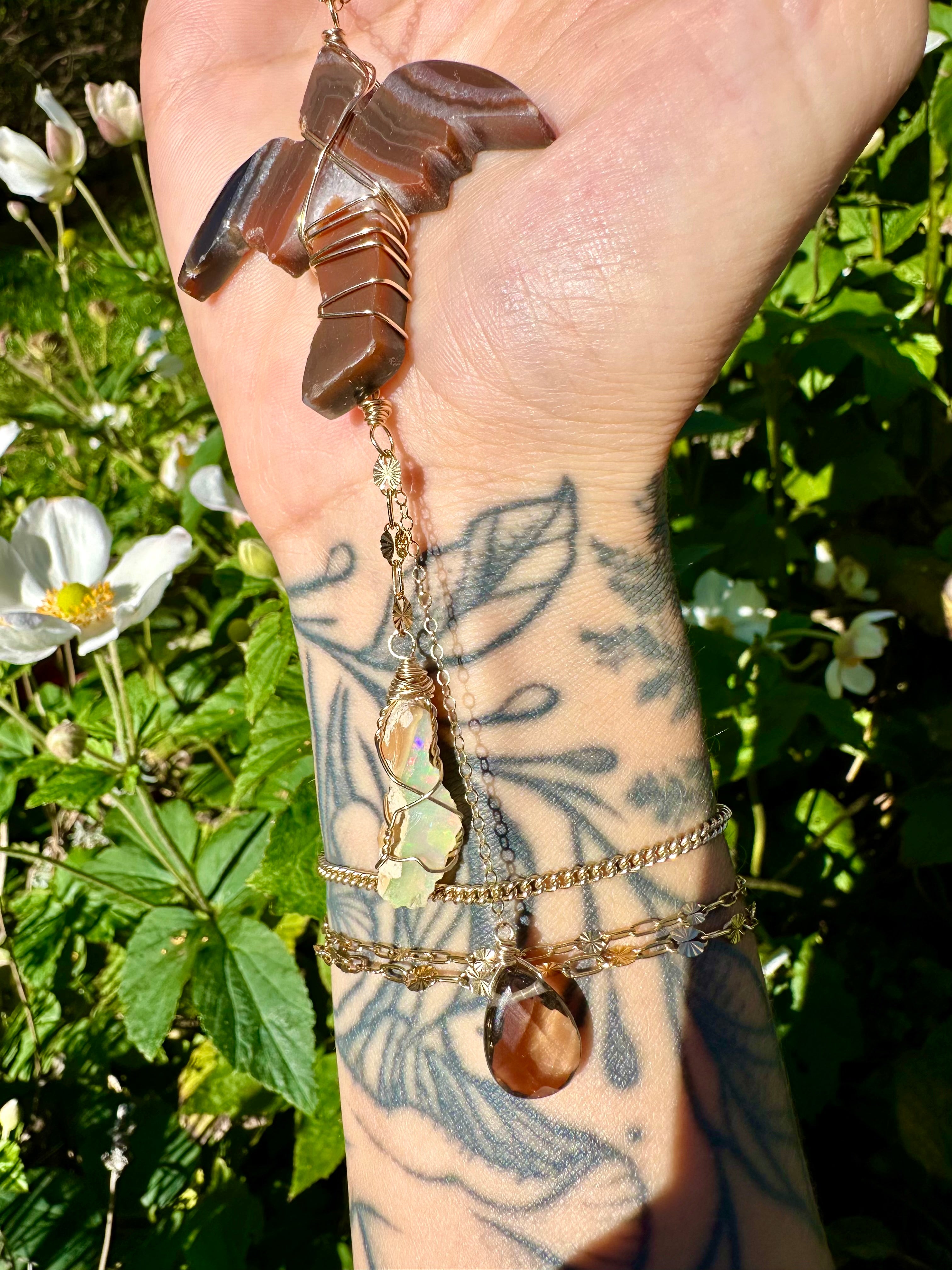 *one of one* carnelian dragon with raw opal smoky quartz cascading below • 14k gold fill mirror / window accessory