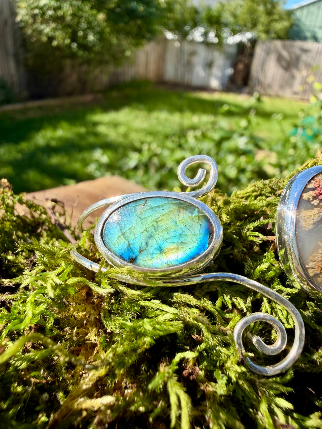 moss agate labradorite swirly cuff bracelet