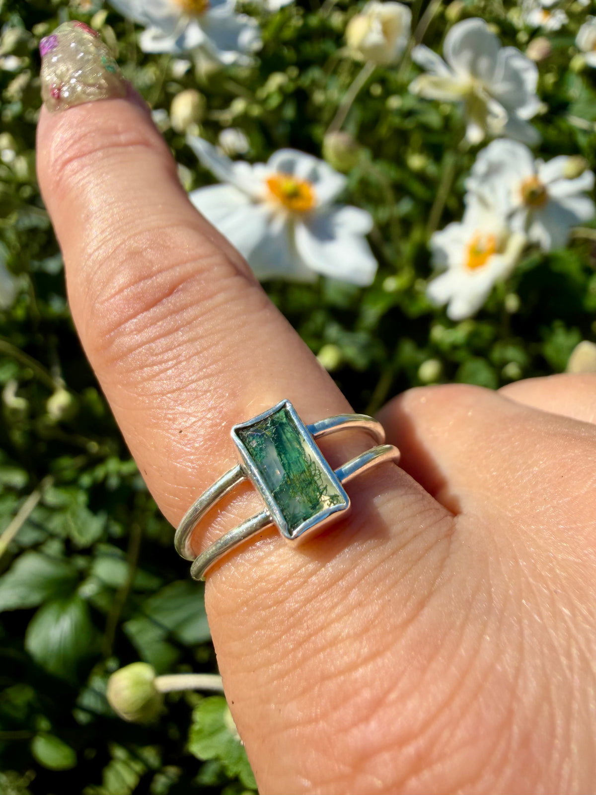 moss agate double band ring in sterling silver size 6.75