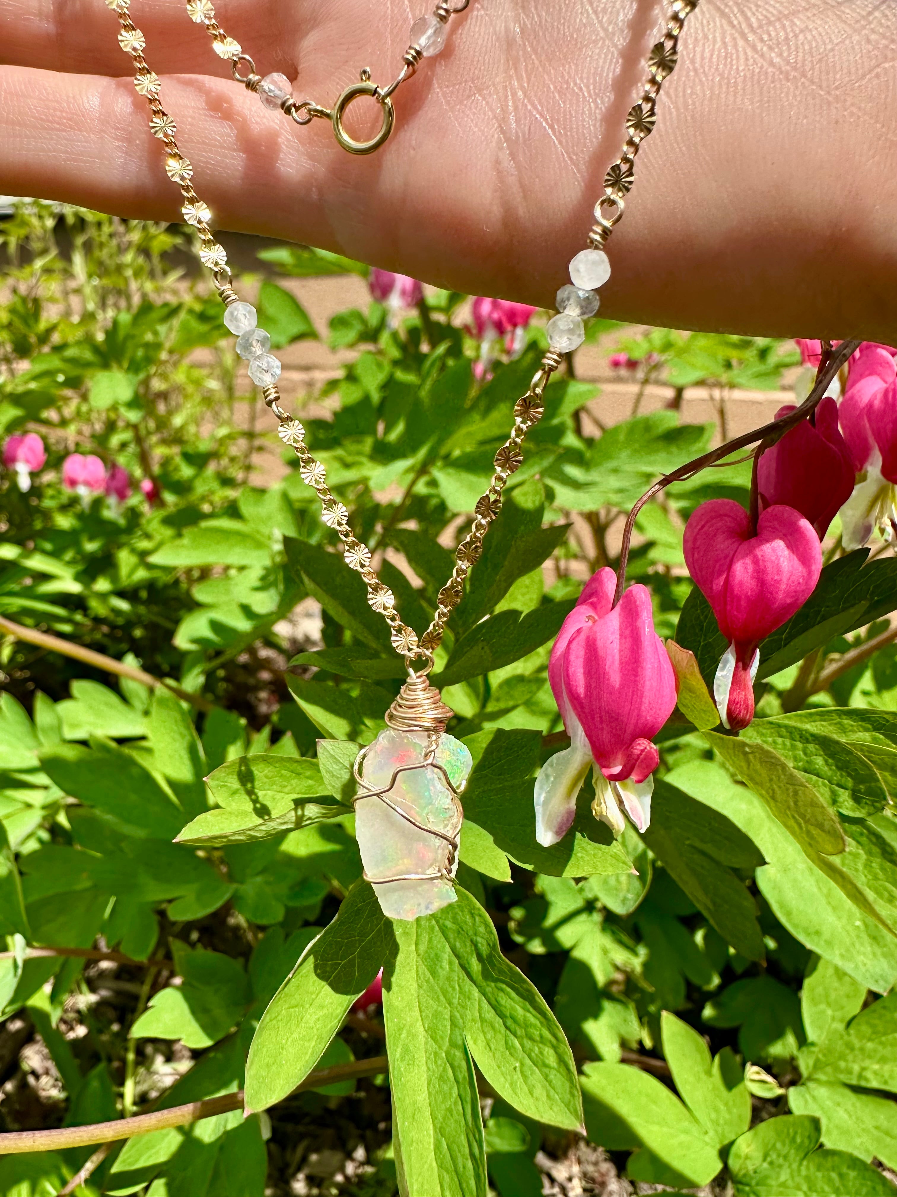 *one of one* ♡ iridescent raw opal necklace in 14k gold *