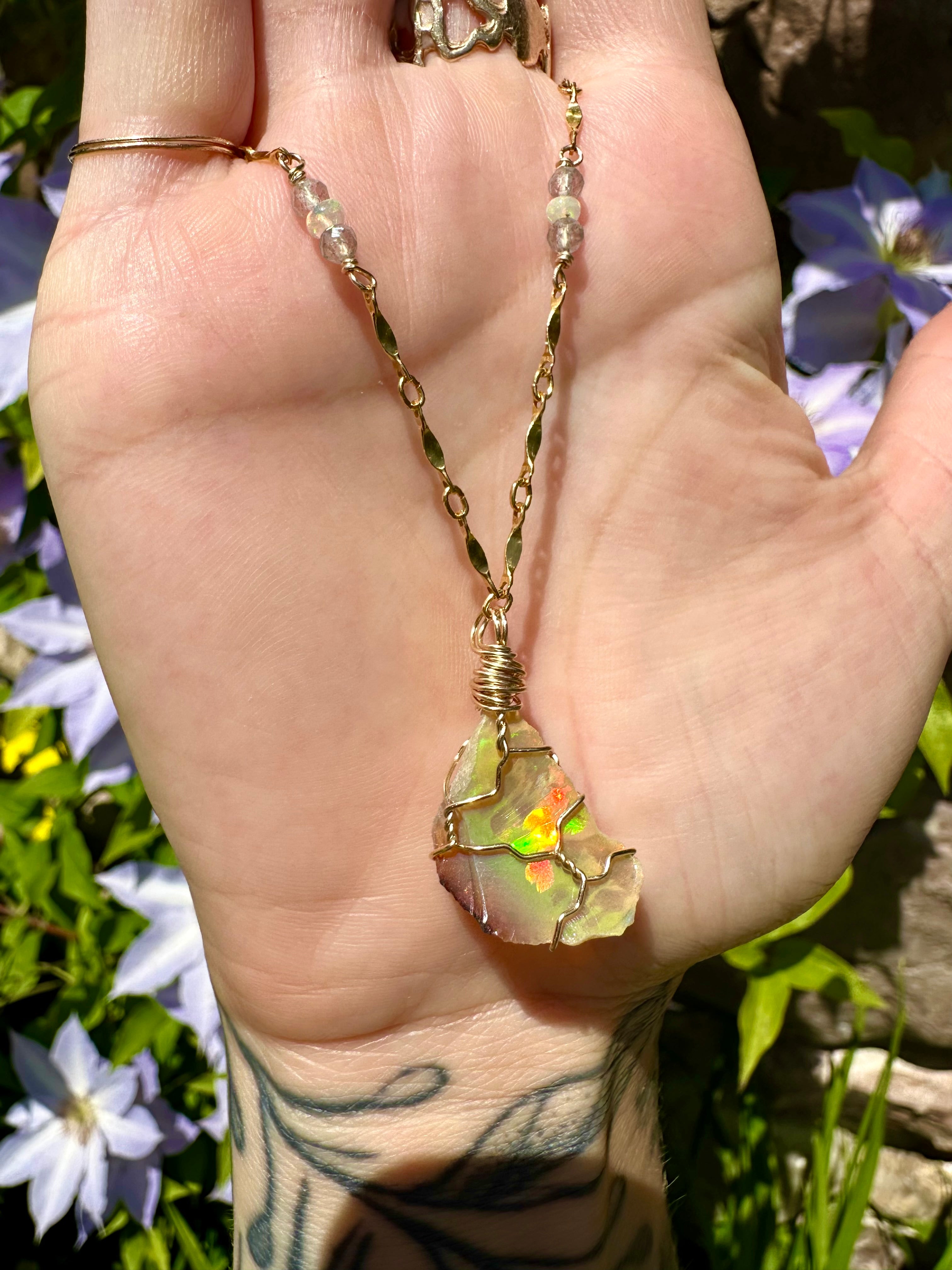 🌈♡one of one♡ iridescent raw opal necklace 14k gold