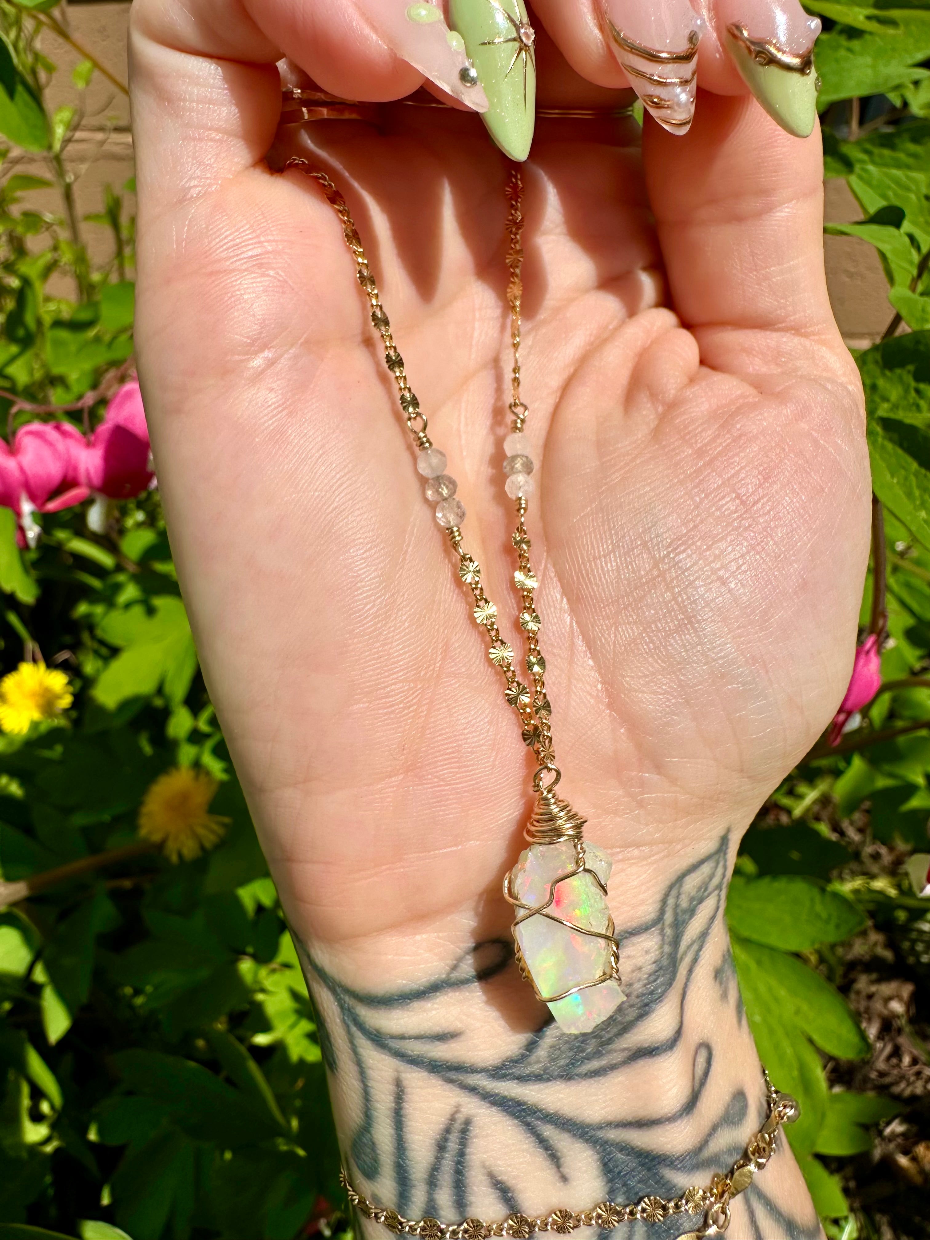 *one of one* ♡ iridescent raw opal necklace in 14k gold *