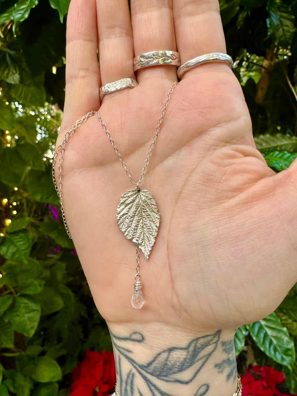 elm leaf quartz drip sterling silver necklace