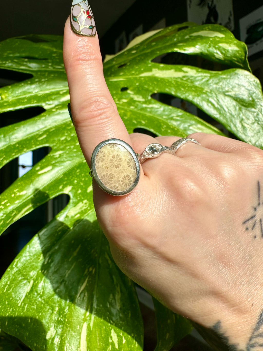 fossilized coral sterling silver ring size 8