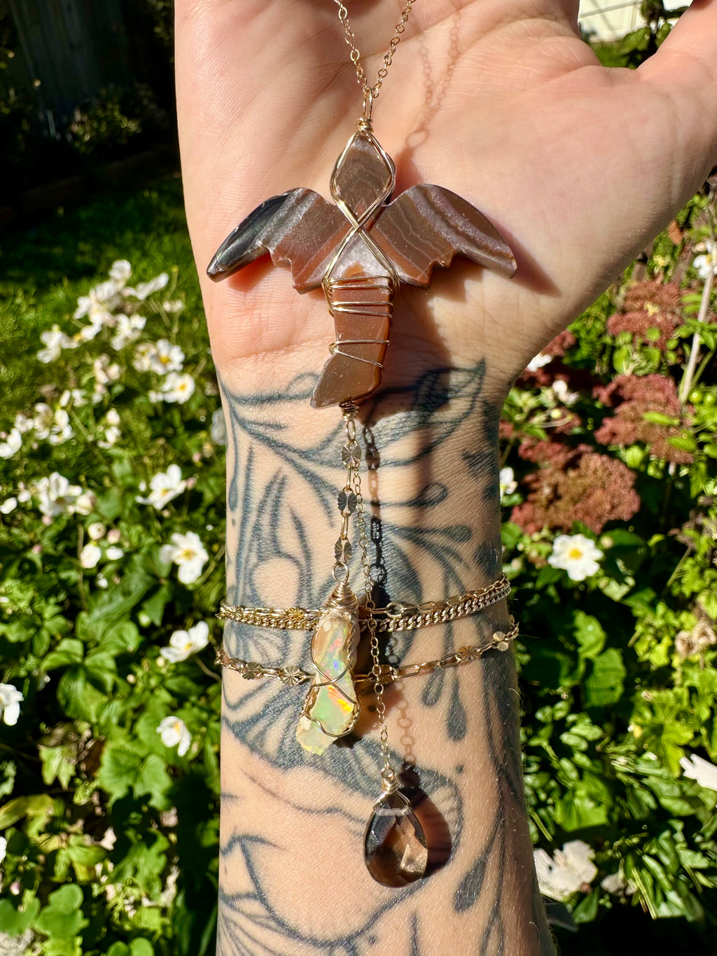 *one of one* carnelian dragon with raw opal smoky quartz cascading below • 14k gold fill mirror / window accessory