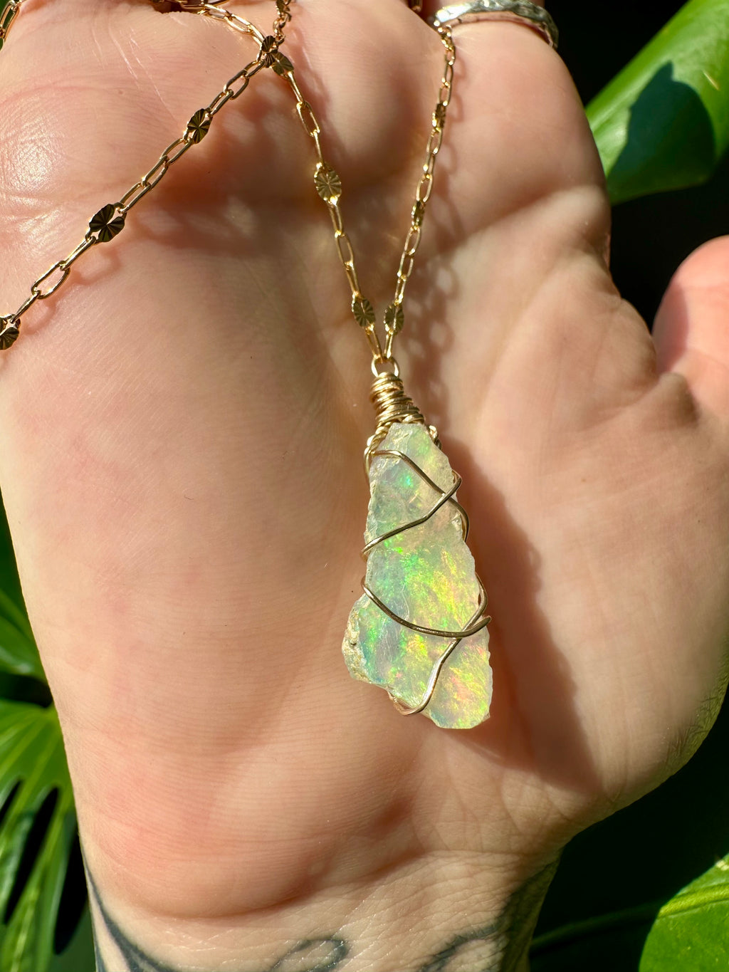 sunburst iridescent raw opal 14k gold fill necklace