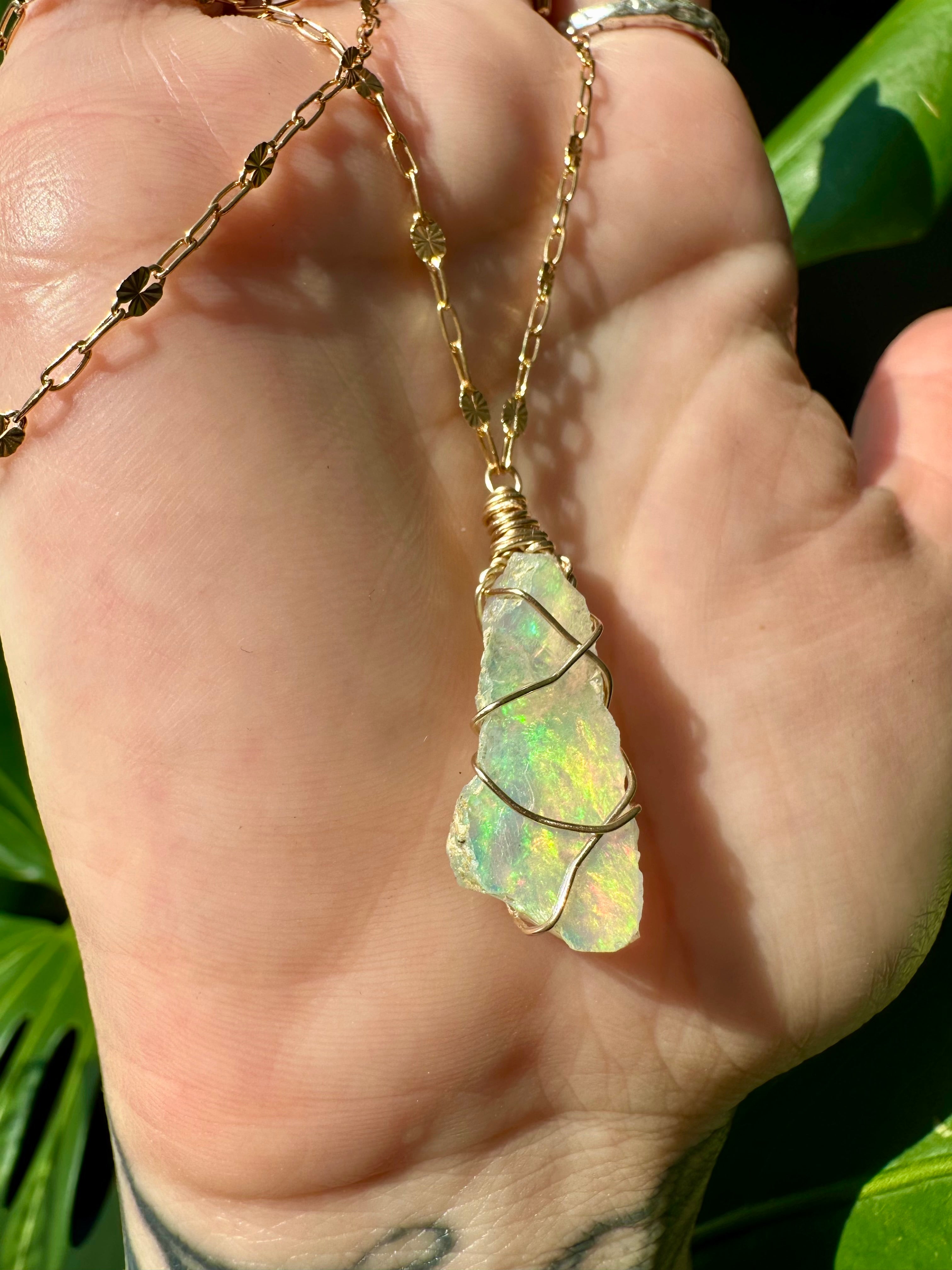 sunburst iridescent raw opal 14k gold fill necklace