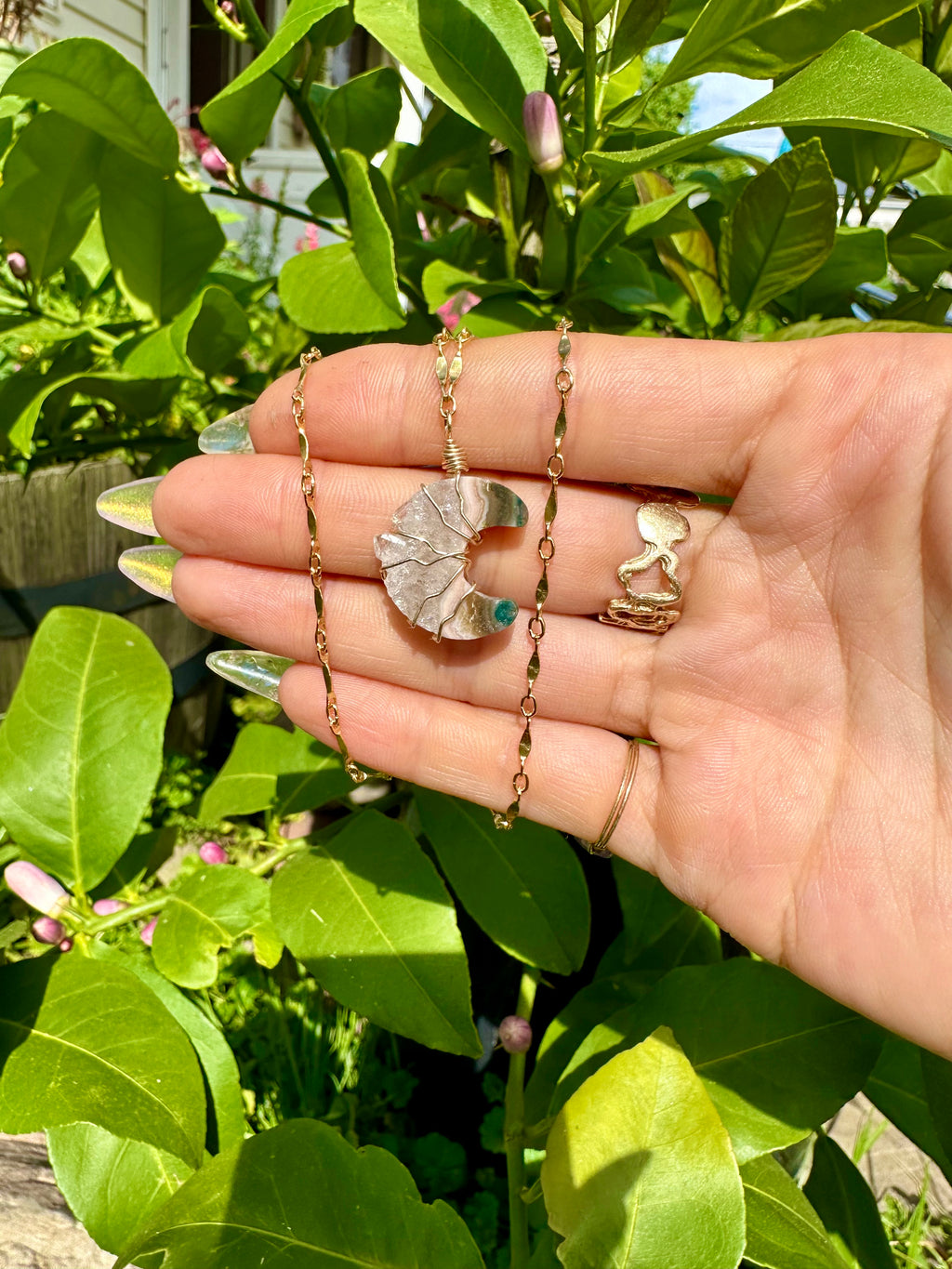 ♡*one of one*♡ lil agate quartz moon necklace gold