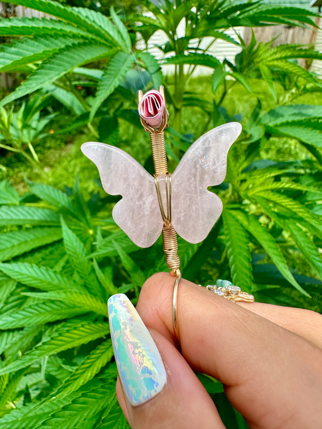 ♡*one of one*♡ 14k gold rose quartz butterfly smoke ring •