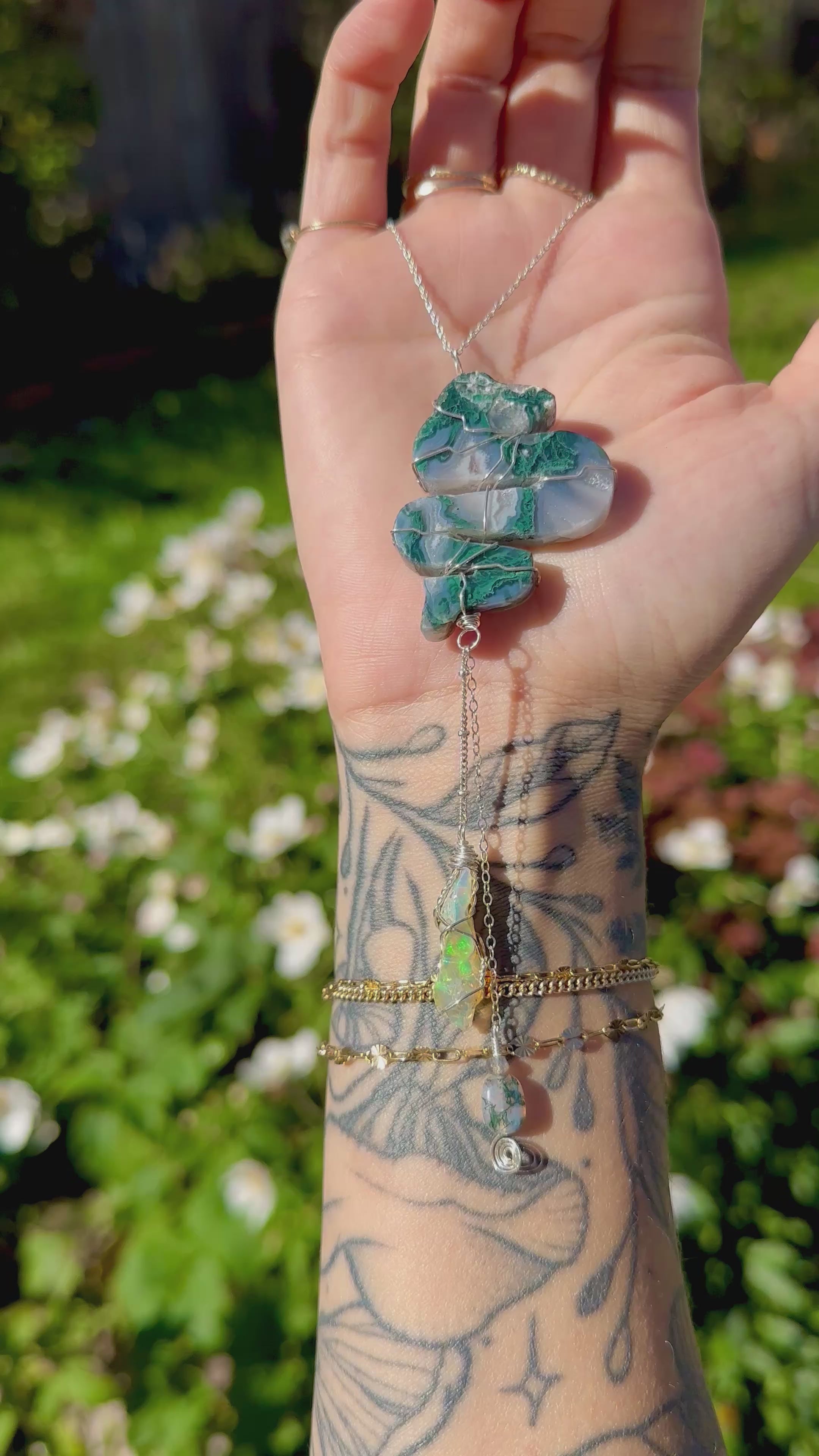 *one of one* moss agate snake with raw opal cascading below • sterling silver mirror / window accessory