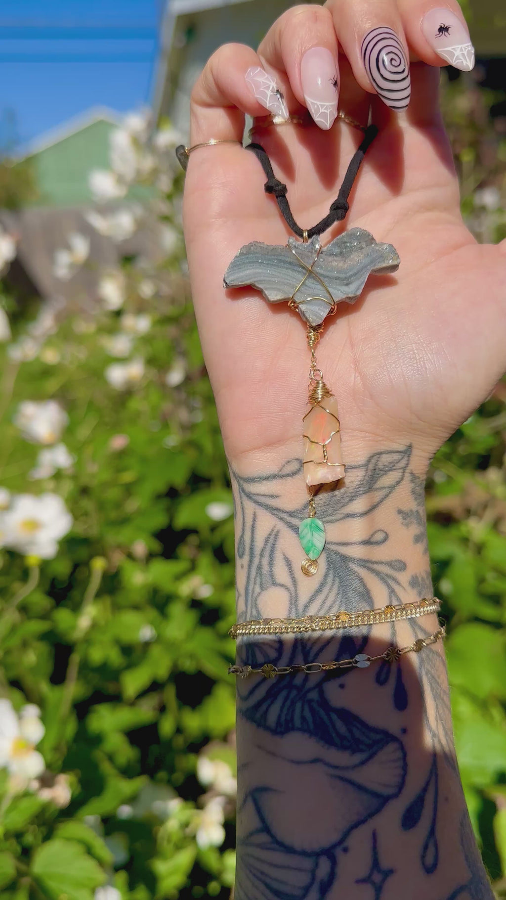 *one of one* chalcedony bat with raw opal & jade leaf cascading below • mirror / window accessory