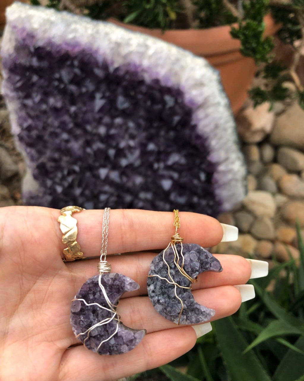 custom amethyst druzy moon necklace