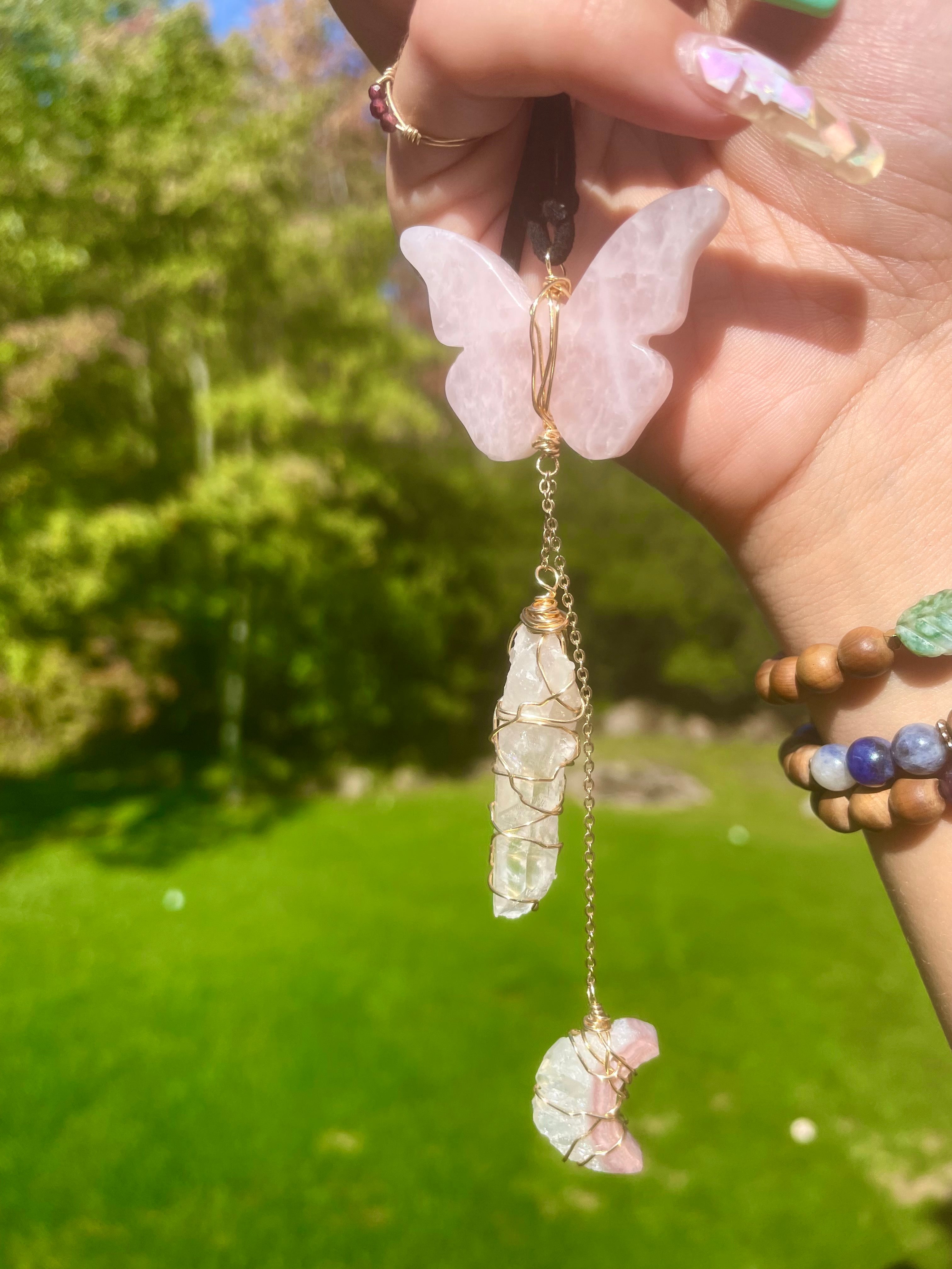 rose quartz butterfly moon self-love dangle