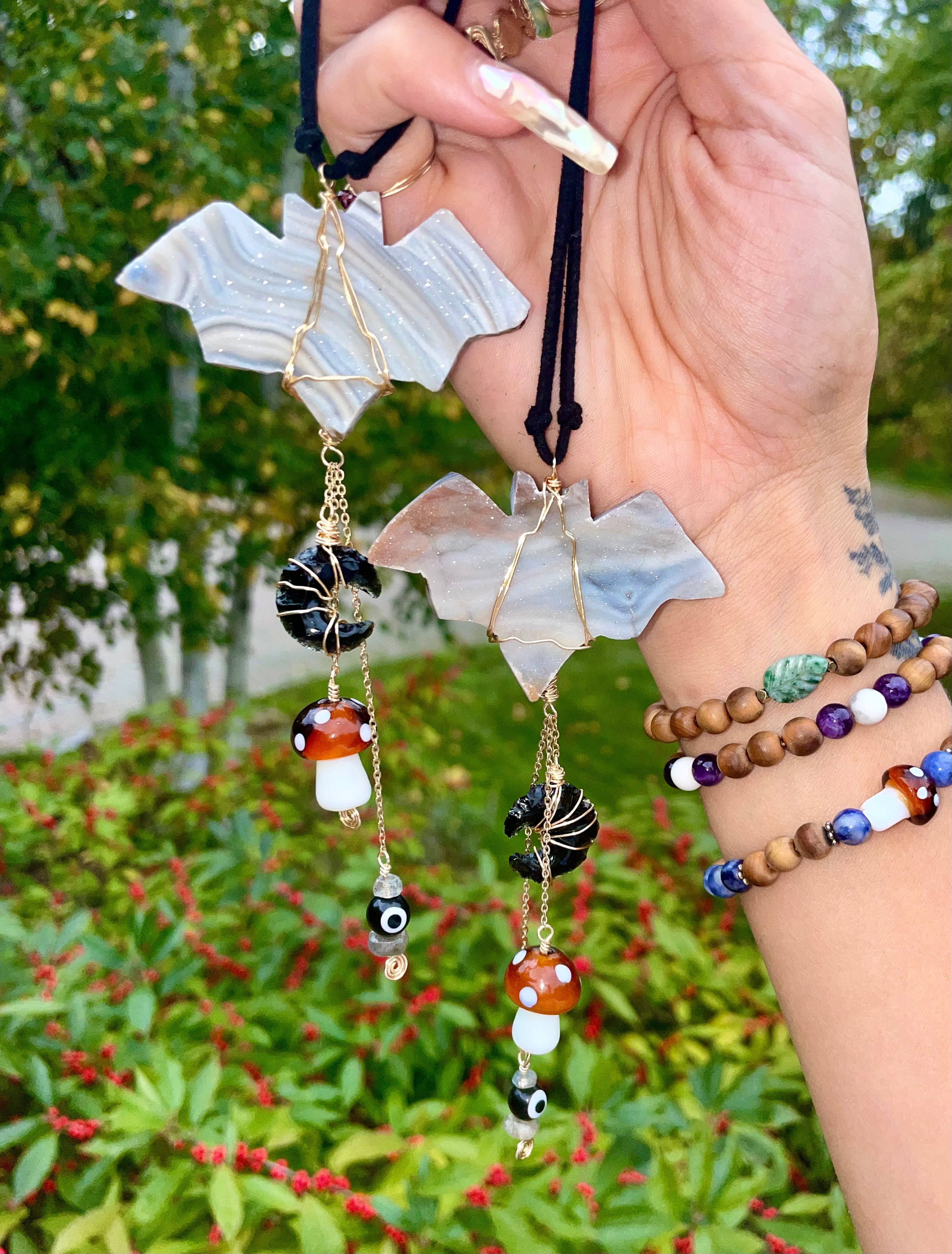 chalcedony bat moon mushroom & eye protection dangle