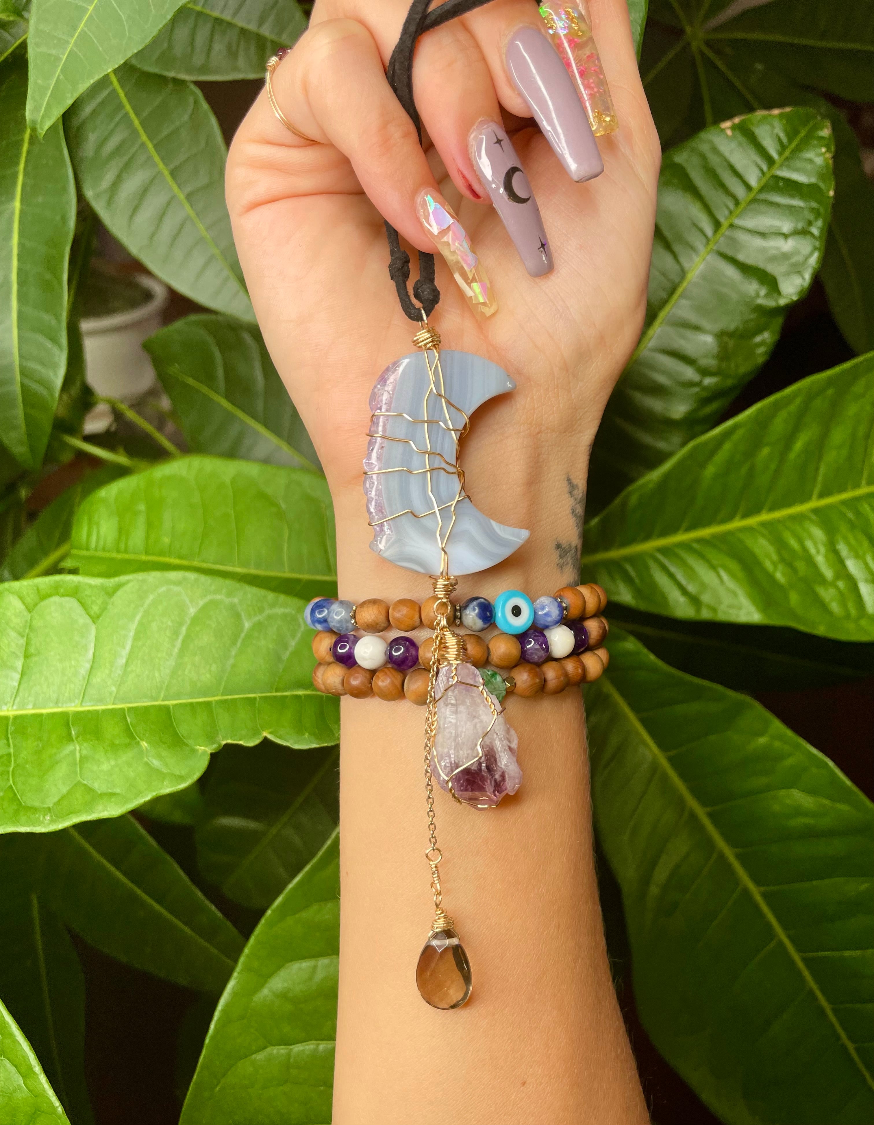 amethyst & agate moon protection dangle