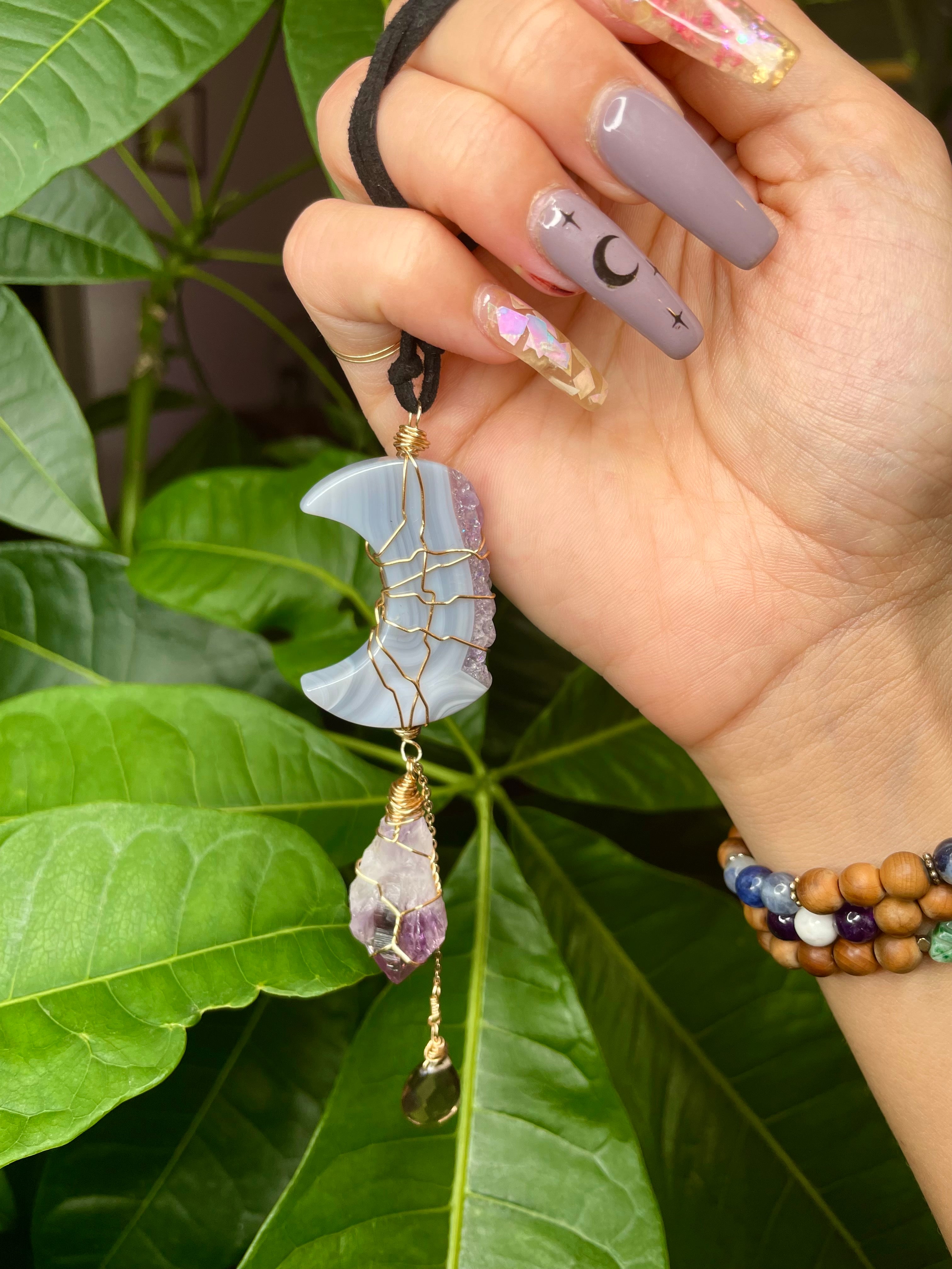 amethyst & agate moon protection dangle