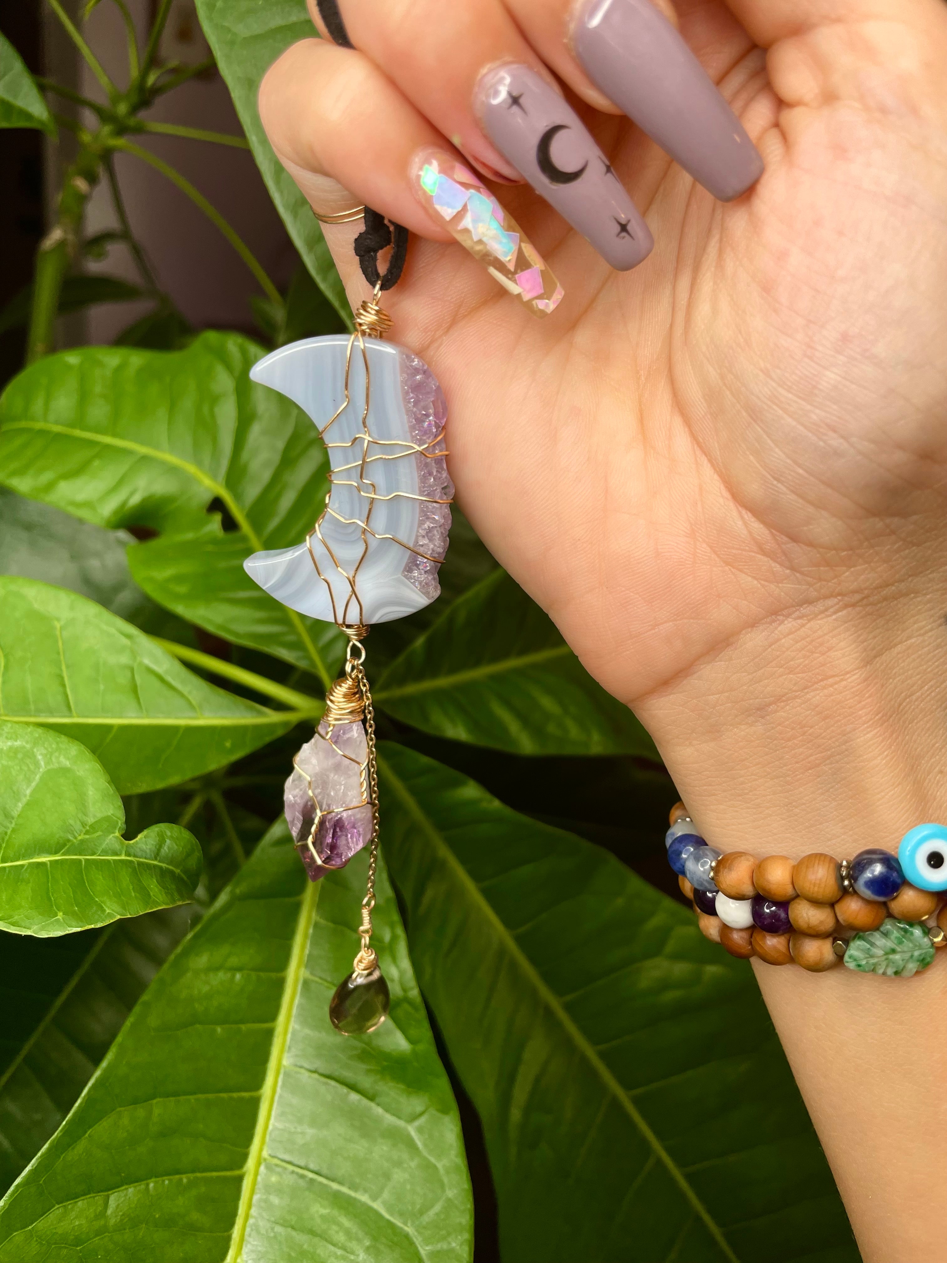 amethyst & agate moon protection dangle