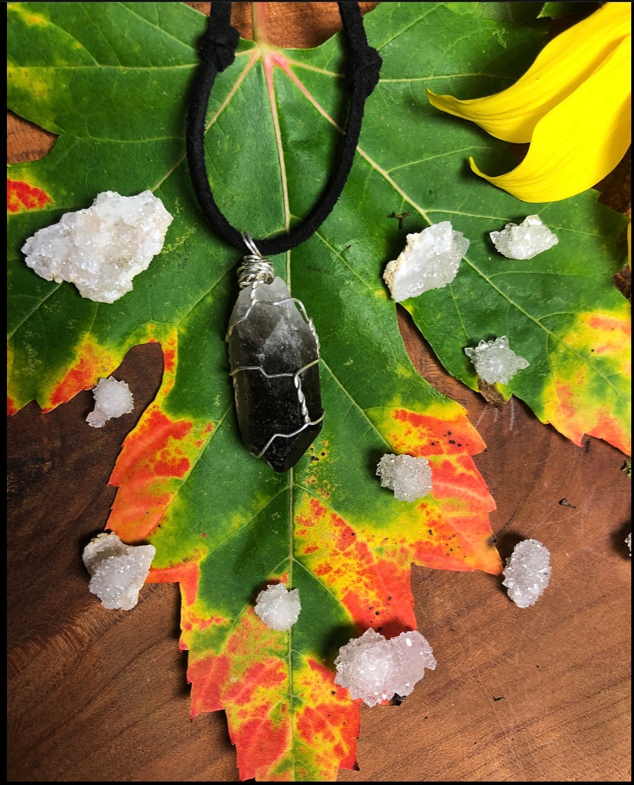 lil smoky quartz on cruelty-free suede