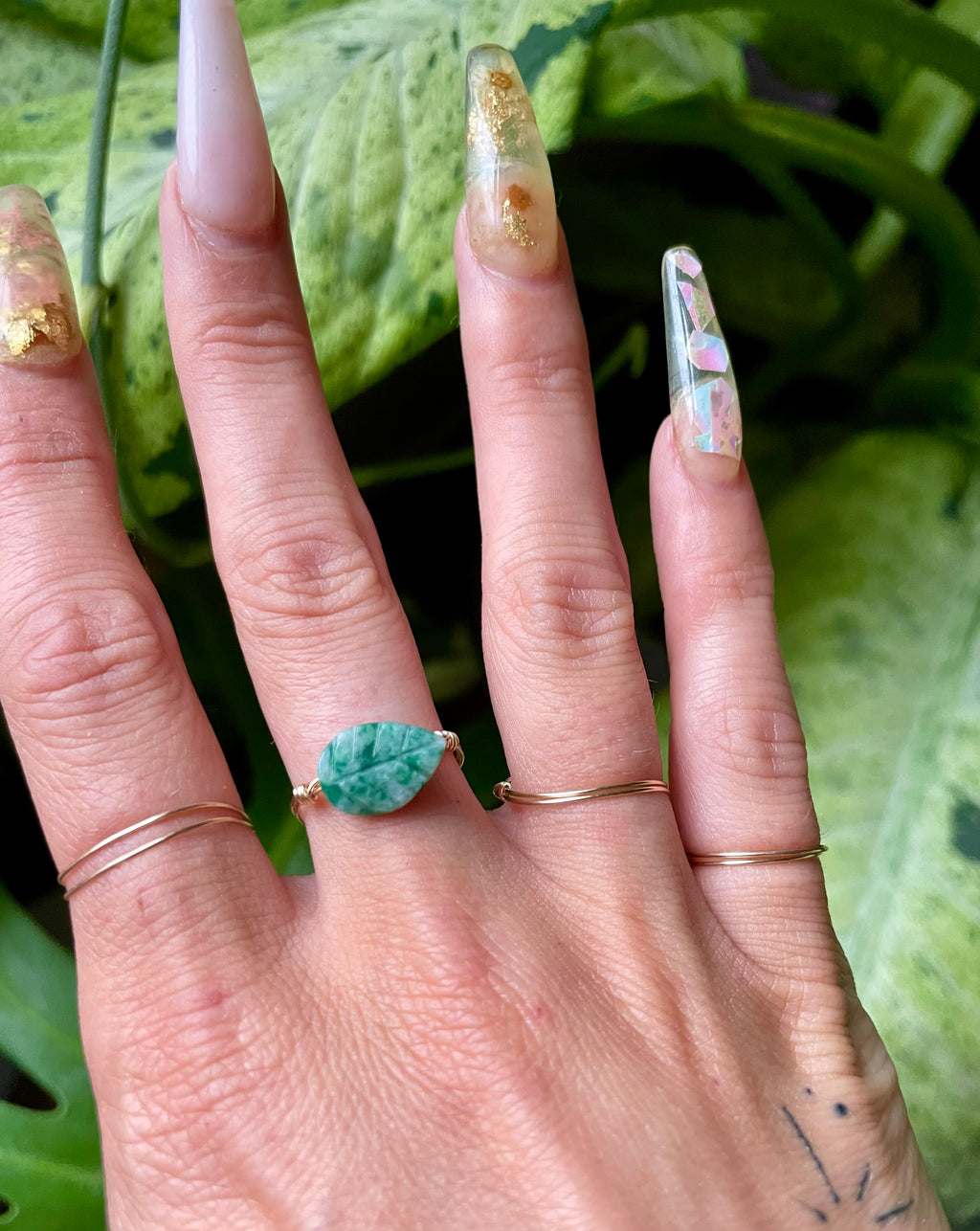 jade leaf crystal wire wrap ring ♡ handmade for you ♡