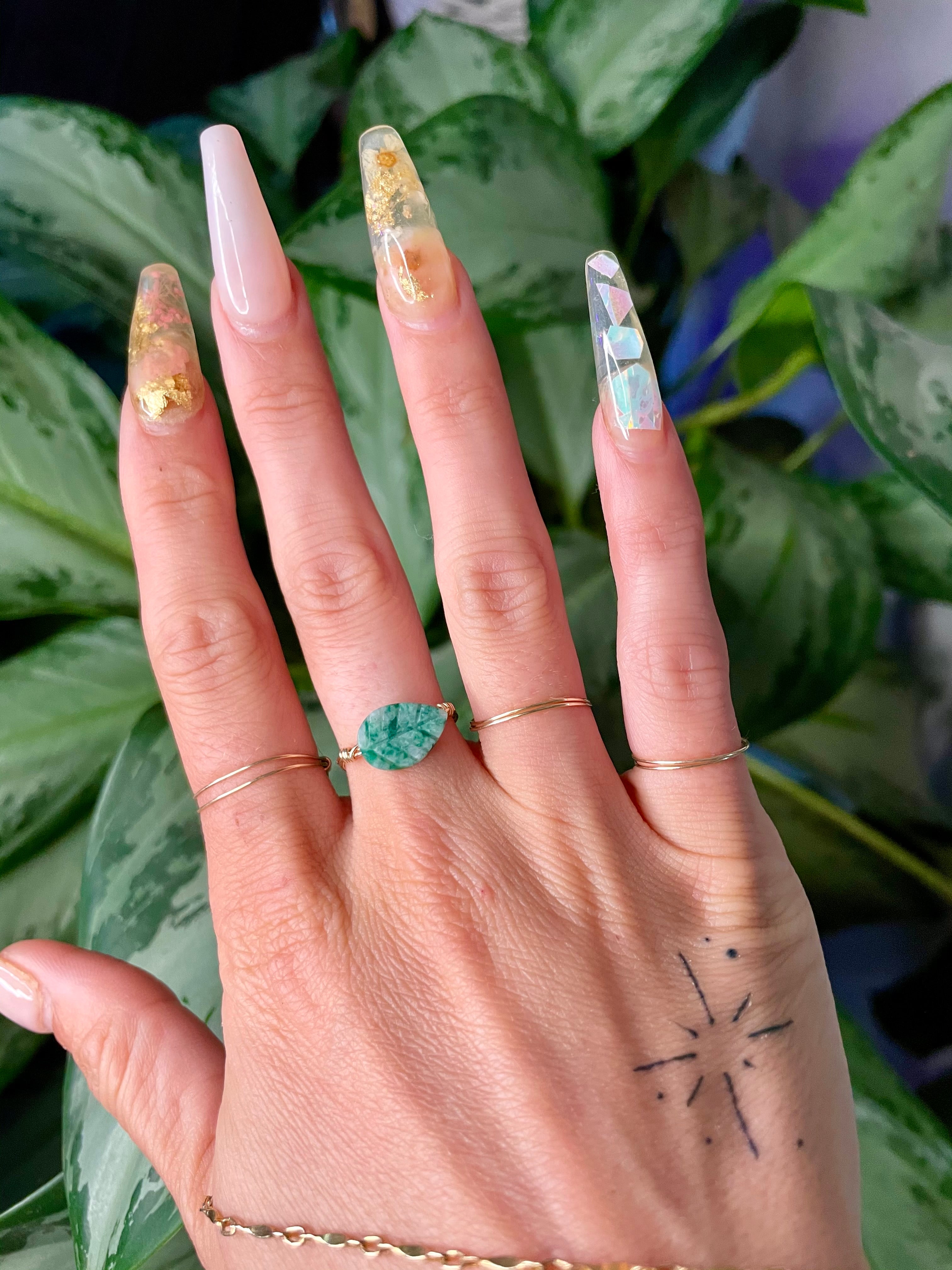 jade leaf crystal wire wrap ring ♡ handmade for you ♡