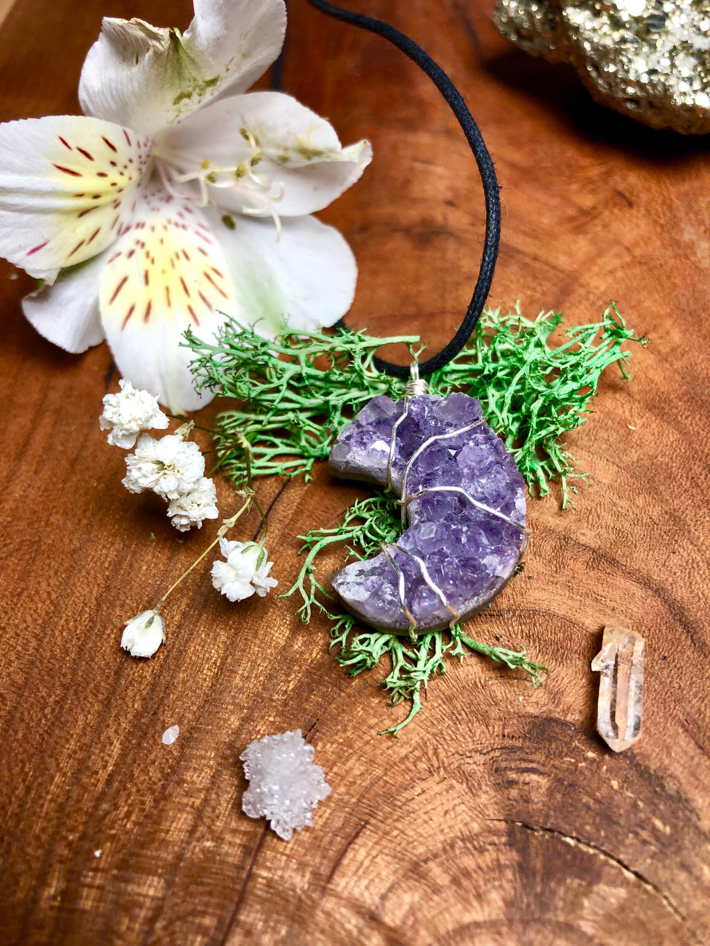 amethyst druzy moon necklace on adjustable cord