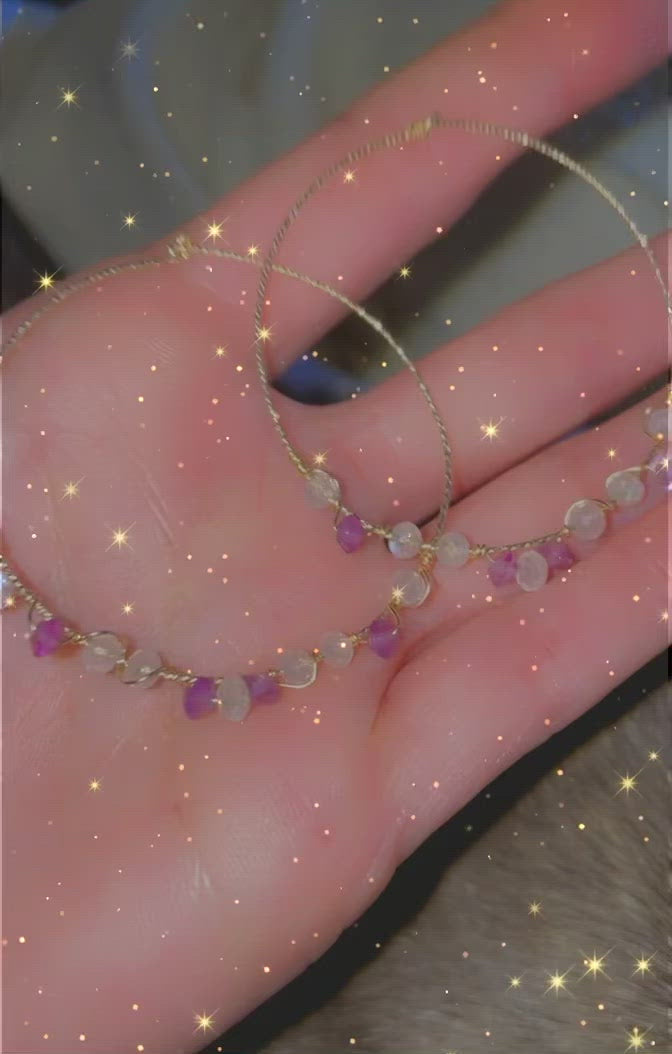 moonstone & amethyst dainty gold hoops