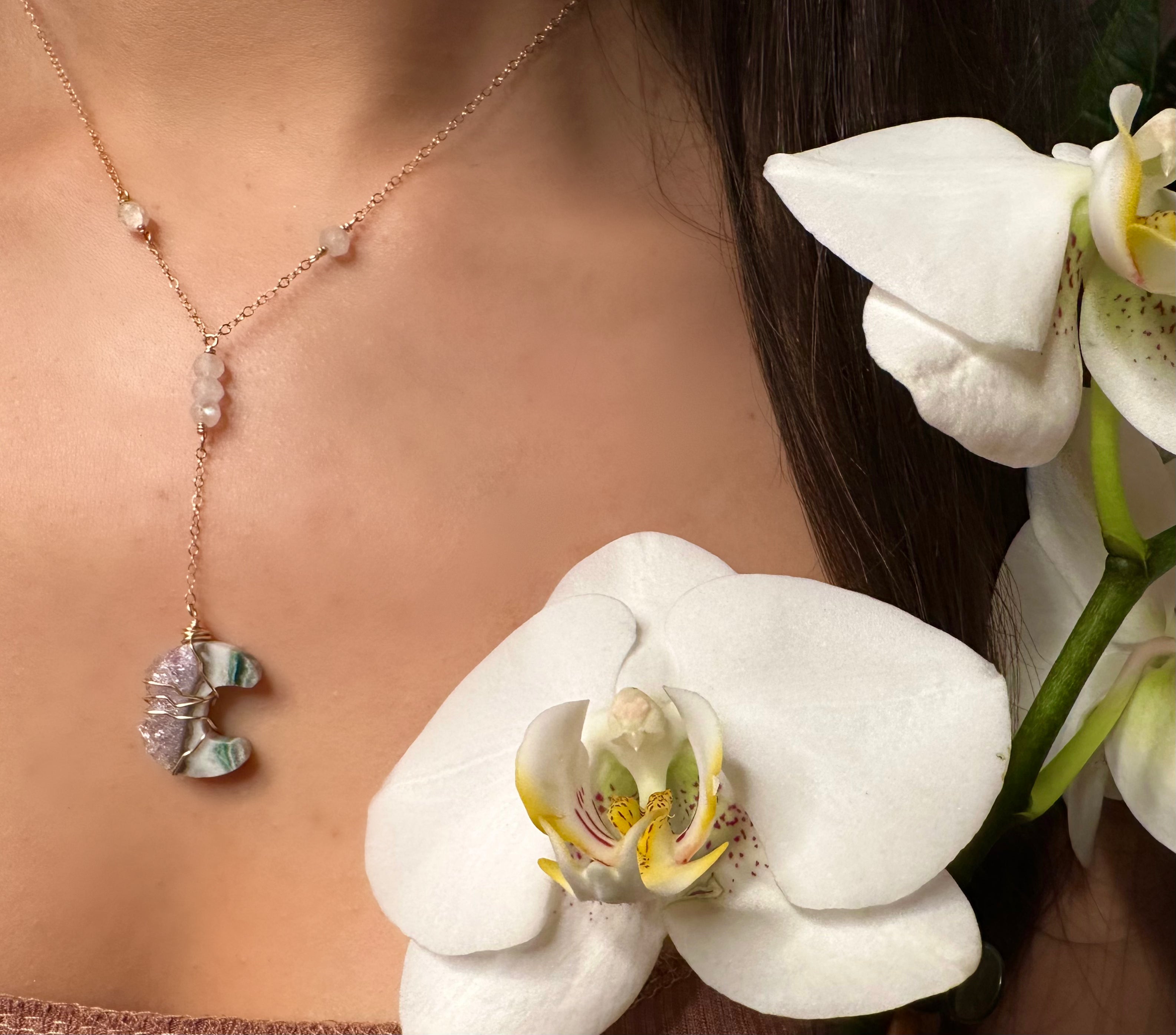 quartz moon drop necklace gold