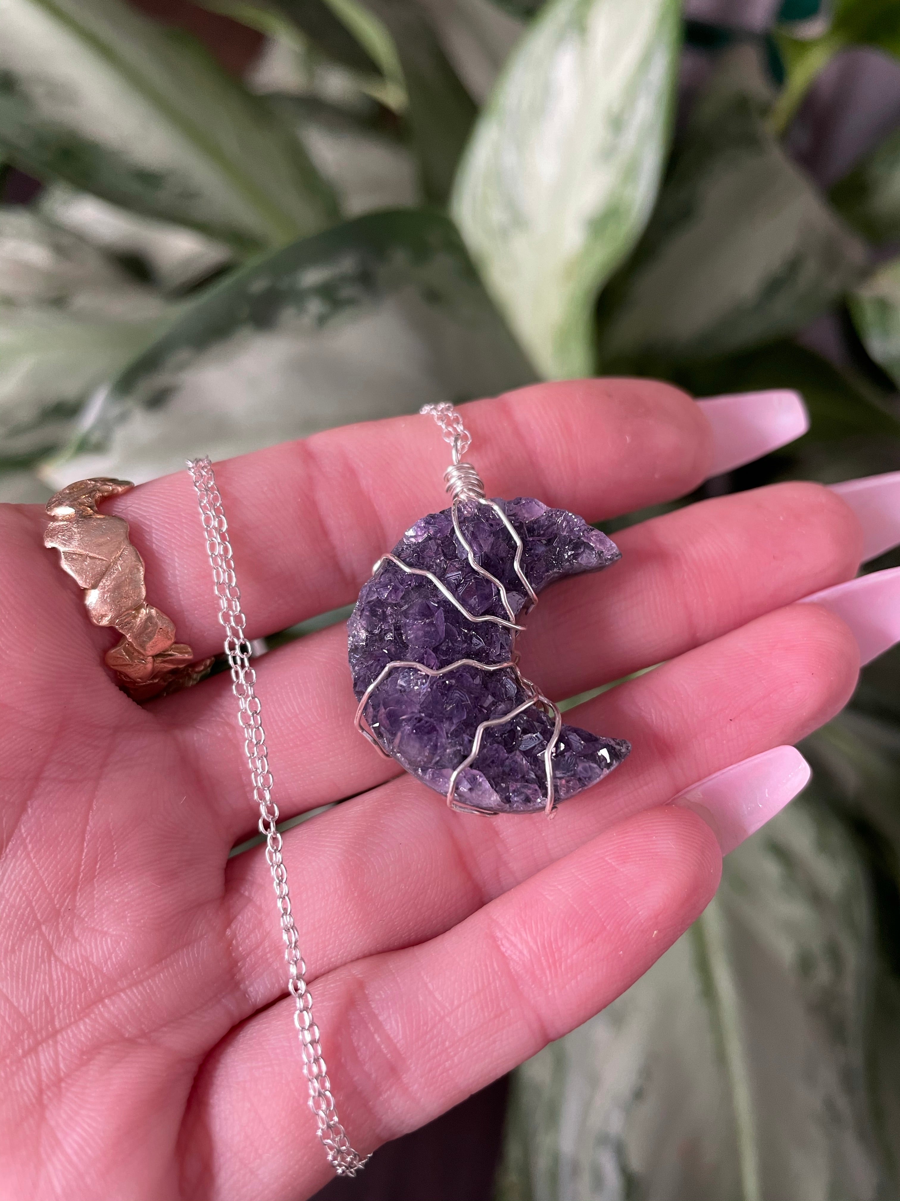 custom amethyst druzy moon necklace